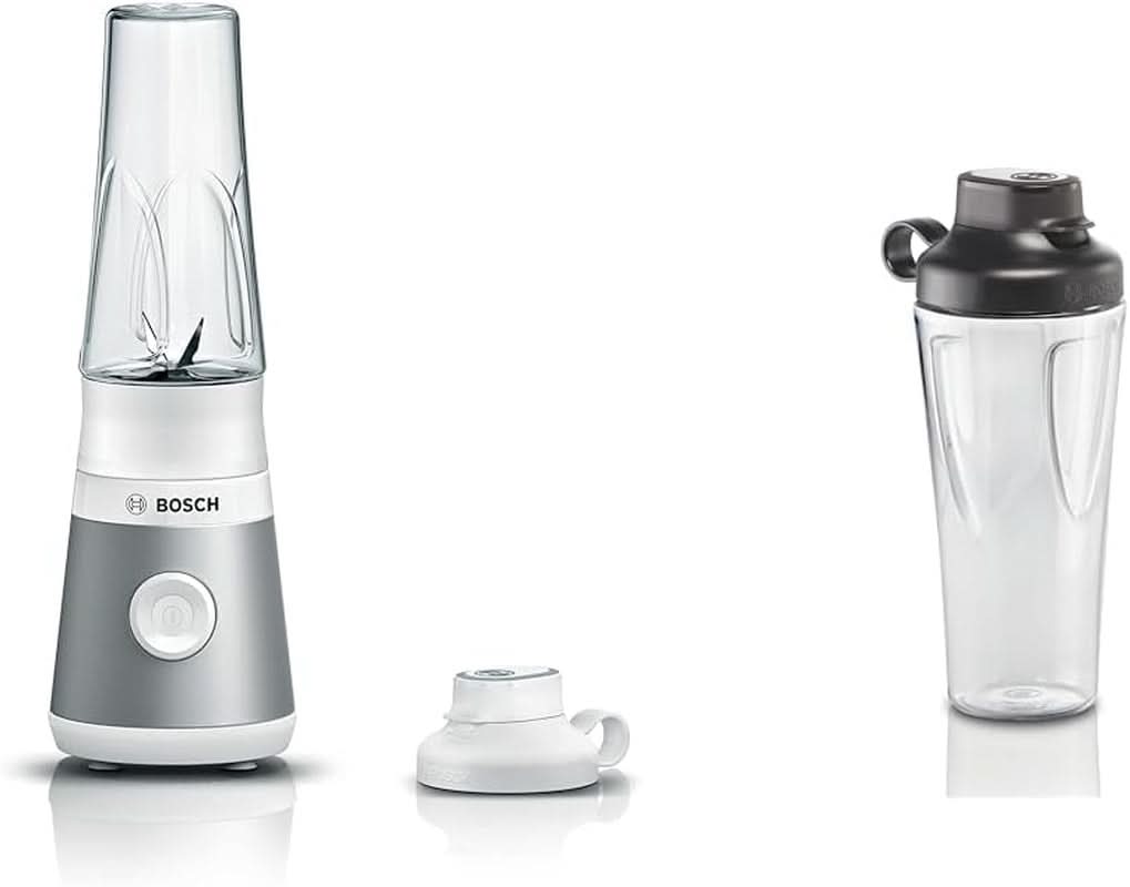 Bosch Mini-Standmixer Vitapower Serie 2 MMB2111S, Highspeed-Mixer, Bis Zu 40.000 U/min, Tritan Togo-Flasche 0,6 L, Trinkdeckel, Bruchsicher, Spülmasch.Geeignete Teile, 450W, Silber/Schwarz Kitchen Naty Shop Bundle Mit Togo-Flasche Silber / Weiß