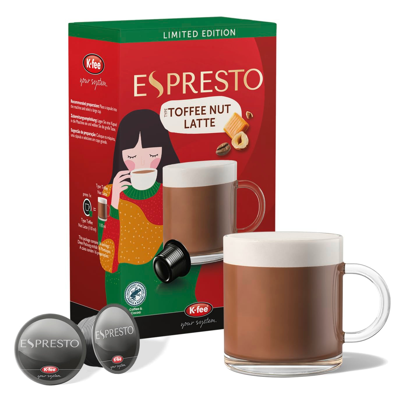 ESPRESTO Toffee Nut Latte, kompatibel mit K-fee & ALDI EXPRESSI*, aromatisierter Milchkaffee, RFA-zertifiziert, 96 Kapseln