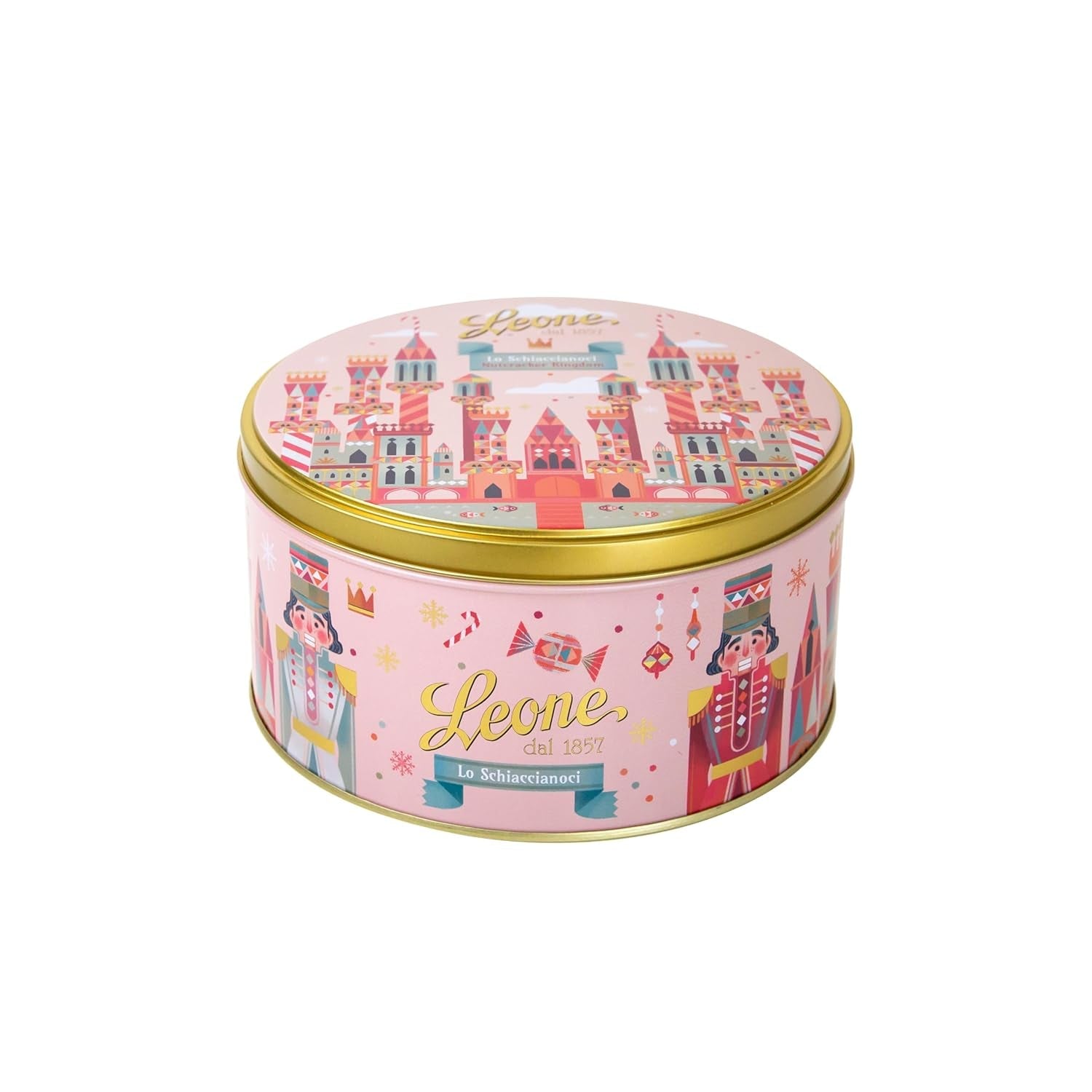 Leone aus dem Jahr 1857 – Metallbox mit verschiedenen Gelatine- und Schokoladenquadraten – Süßigkeiten und Schokolade Leone – Limited Edition Nussknacker – Geschenkbox 450g