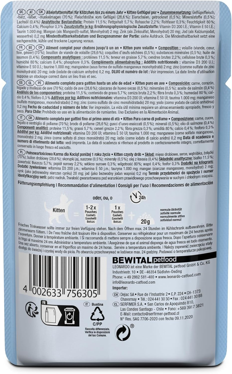 LEONARDO Fresh Pouches [16 x 85g Nassfutter für Katzen, getreidefrei] | Komplettes Nassfutter in Einzelbeuteln