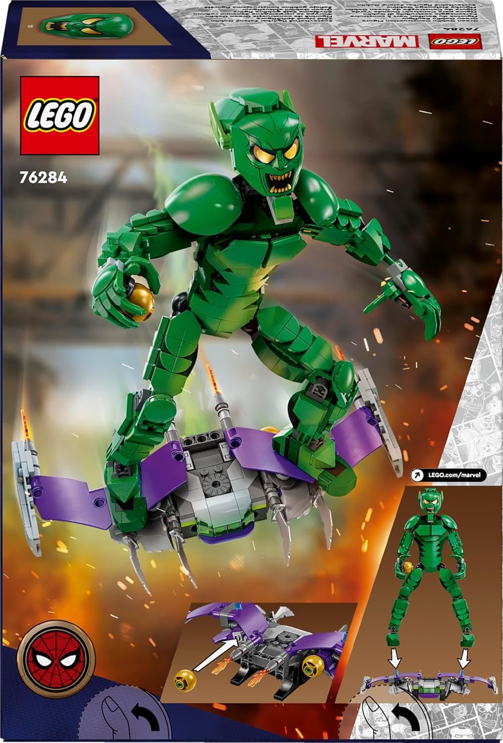 LEGO Marvel Green Goblin Baufigur, Superschurke, bewegliches Bauspielzeug für Kinder ab 8 Jahren, Jungen und Mädchen, Spider-Man-Universum-Set mit Schiebereglern und Kürbisbomben, Superhelden-Geschenkidee 76284 Bausets Besuchen Sie den LEGO-Store