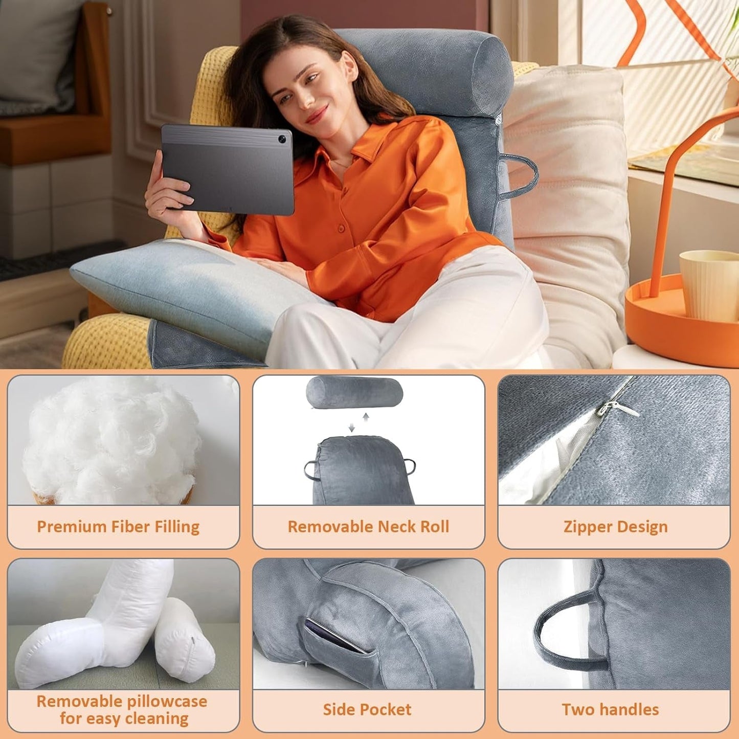 XL-Lesekissen für Bett und Sofa mit abnehmbarer Nackenrolle, ideales Rückenkissen für Erwachsene mit Memory-Schaum für bequemes Lesen, Arbeiten, Spielen, Fernsehen, Entspannen (Grau)