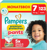 Pampers Premium Protection Pants Größe 7, 123 Windeln, 15 kg+, mit 360°-Anpassung und weichen Anti-Leck-Bündchen für optimalen Komfort und Schutz