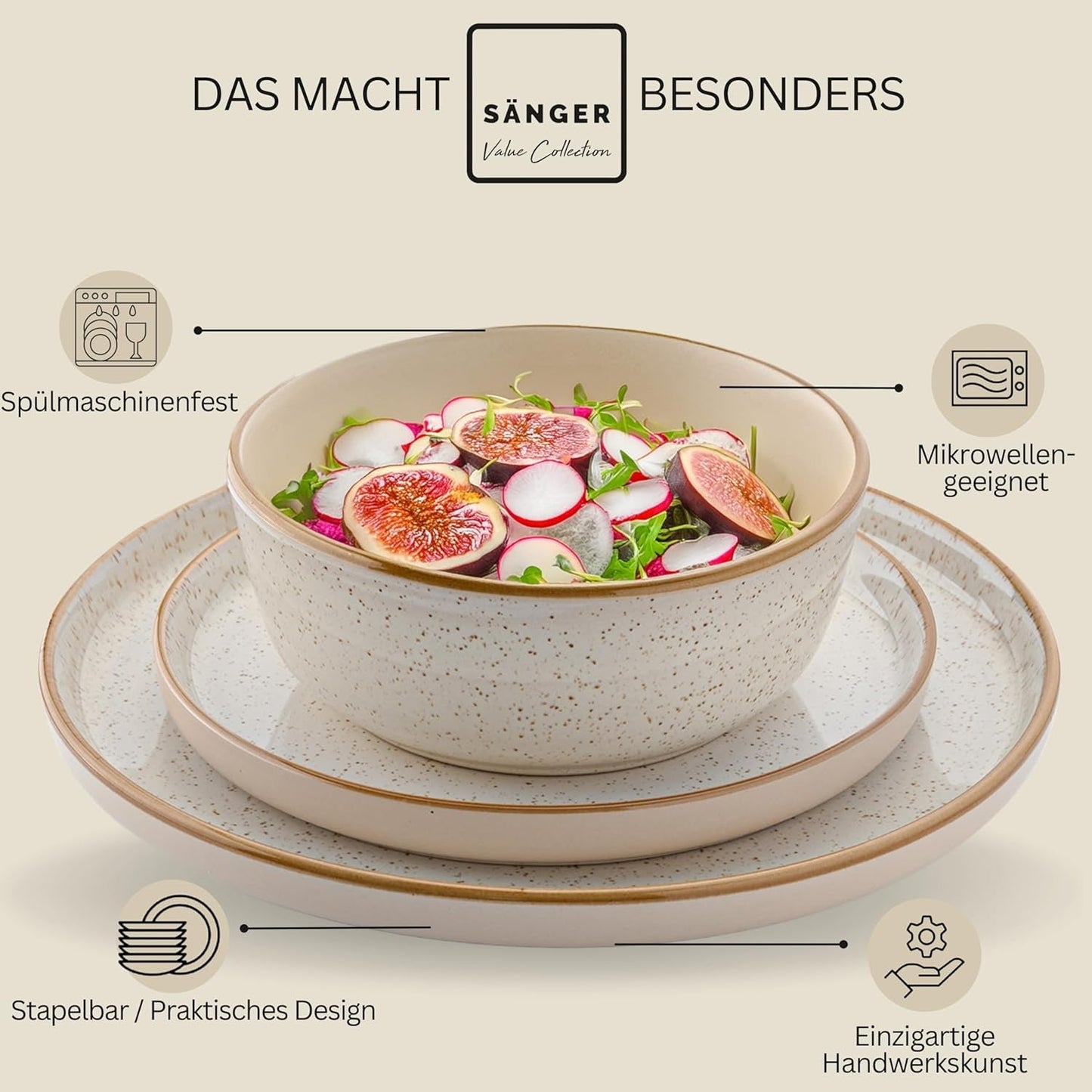 SÄNGER Rio Creme | 18-teiliges Steingut-Geschirrset für 6 Personen, bestehend aus 6 Speisetellern, 6 Desserttellern und 6 Schüsseln | DIE VALUE-KOLLEKTION
