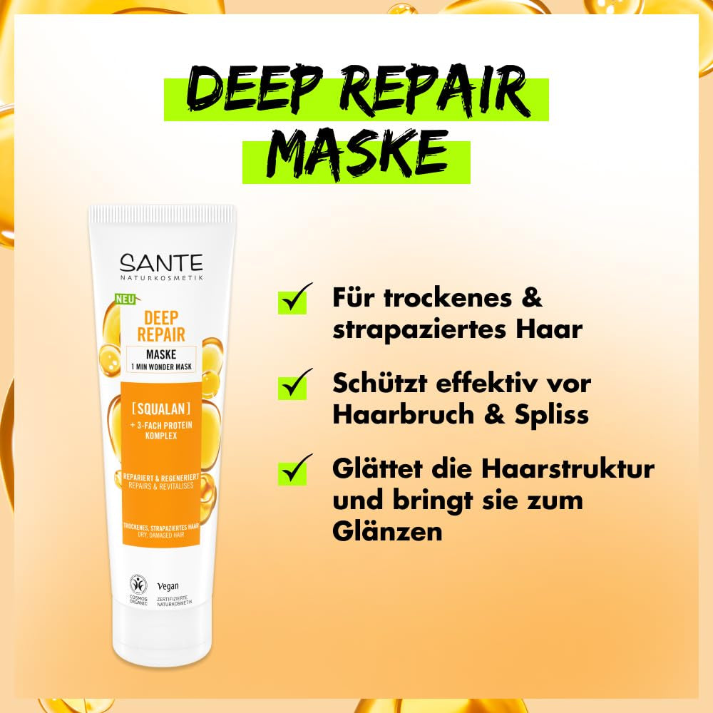 SANTE Natural Cosmetics Deep Repair Mask Squalan + 3x Proteinkomplex, vegane Haarmaske für intensive Feuchtigkeit und flexibles Haar, repariert und regeneriert geschädigtes Haar, 150 ml Naty Shop Haarmaske
