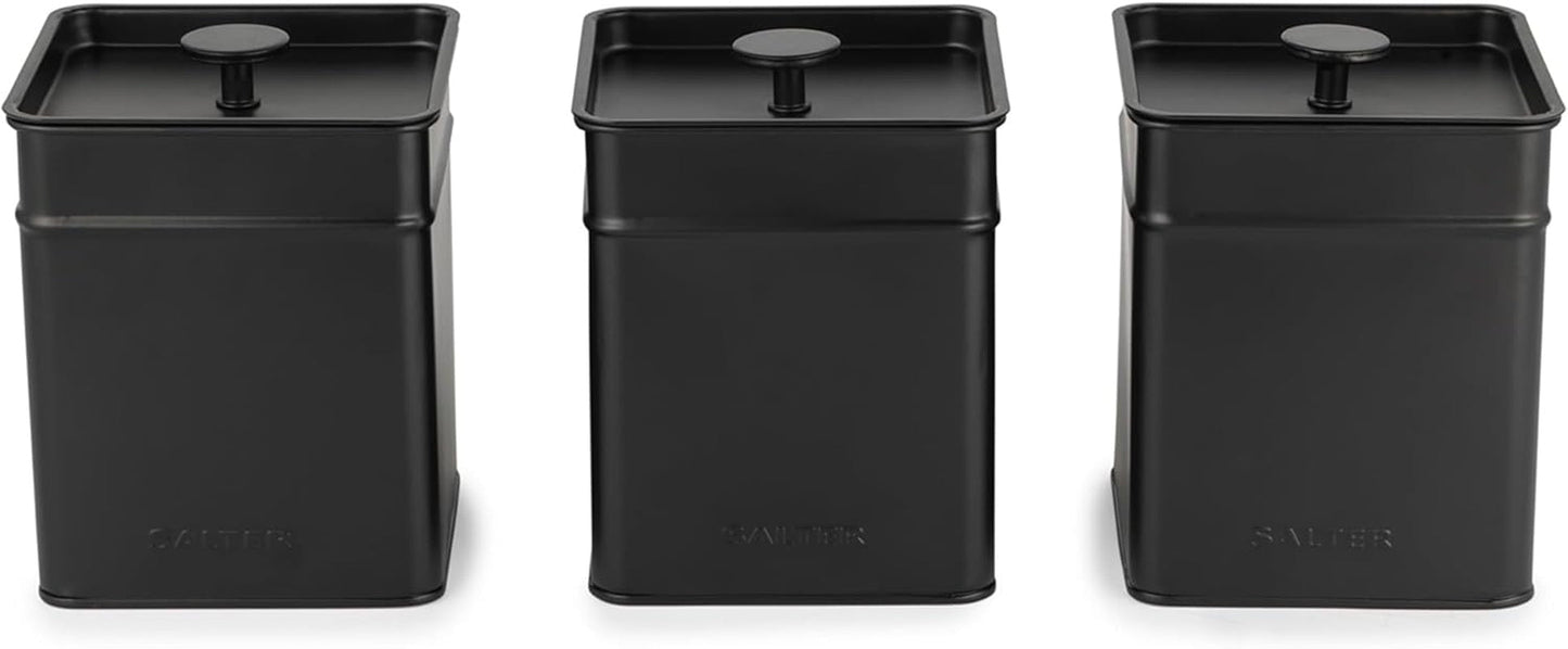 Salter BW12614EU7 Kuro-Aufbewahrungsboxen-Set – 4 Küchenbehälter Brot/Tee/Kaffee/Zucker, quadratische Organizer-Boxen, leicht zu reinigen, hält Lebensmittel frisch, schwarz, Naty Shop Lebensmittel-Aufbewahrungsboxen, 3-teiliges Set