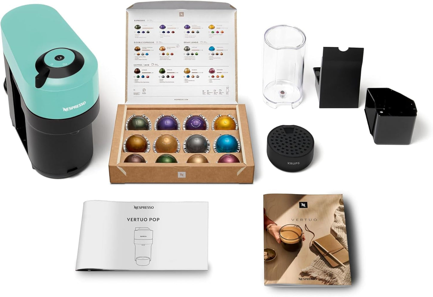 Espressomaschine mit Nespresso Krups Vertuo Pop Kapseln, Fassungsvermögen: 560 ml, automatische Kapselerkennung, One-Touch-System, 4 Tassengrößen, verkürzte Aufheizzeit, nachhaltig, Aqua Mint, XN9204