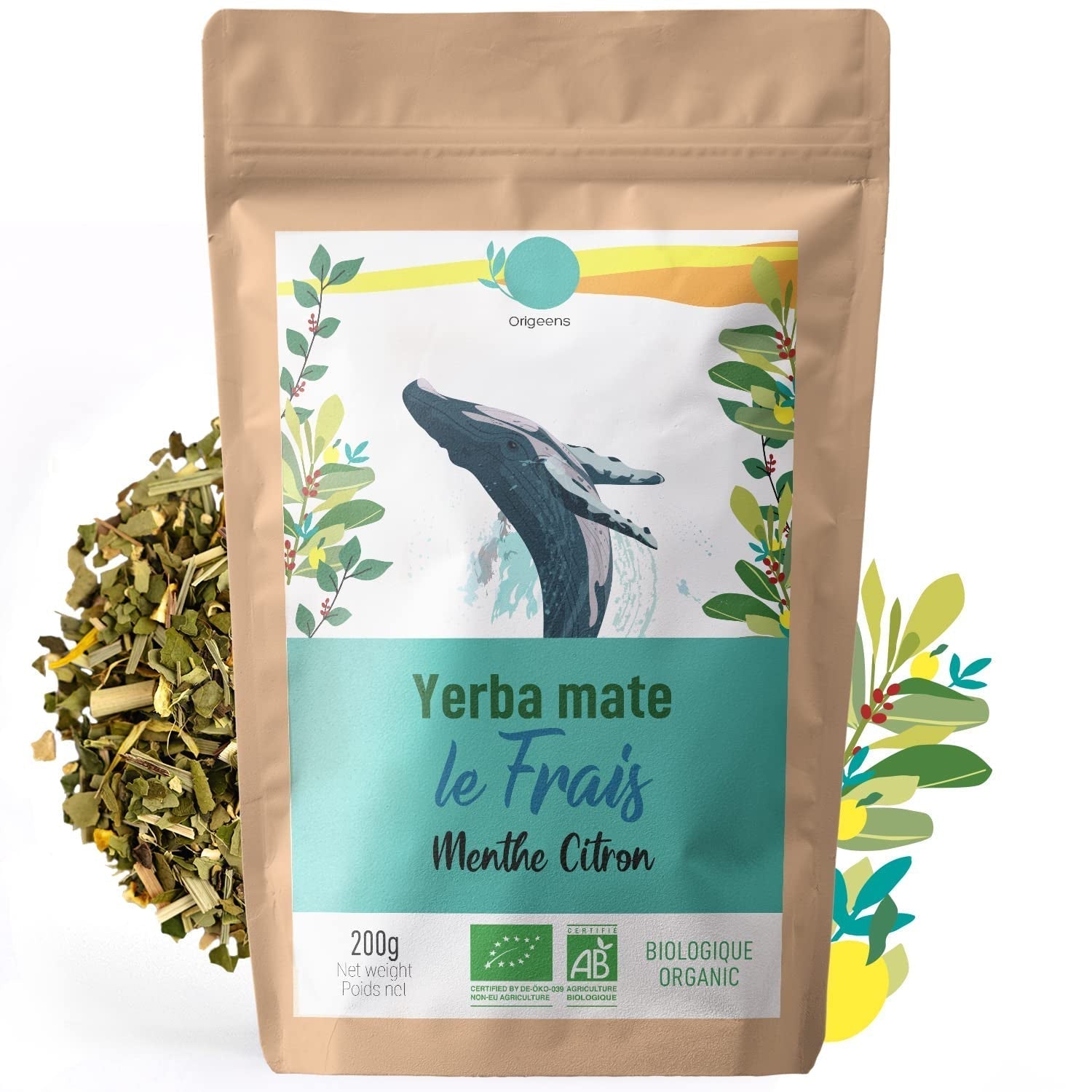 ORIGEENS BIO YERBA MATE MIT MINZE UND ZITRONE 200 G – Frische I Ungerösteter Bio Yerba Mate, Blätter, ohne Stiele und Staub