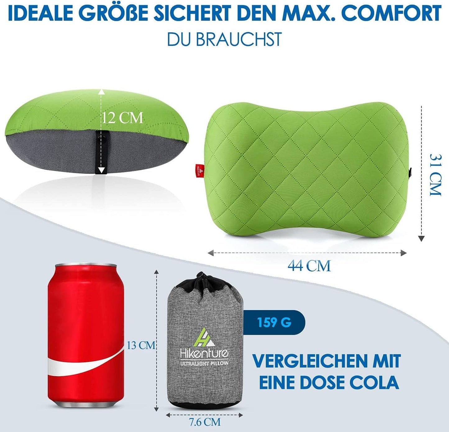 HIKENTURE Aufblasbares Camping-/Reisekissen mit abnehmbarem Kissenbezug, ergonomisches Kissen, bequemes Nackenkissen für Reisen/Outdoor, aufblasbares Reise-Nackenkissen (grün) ... Orthopädische Halskissen von Naty Shop