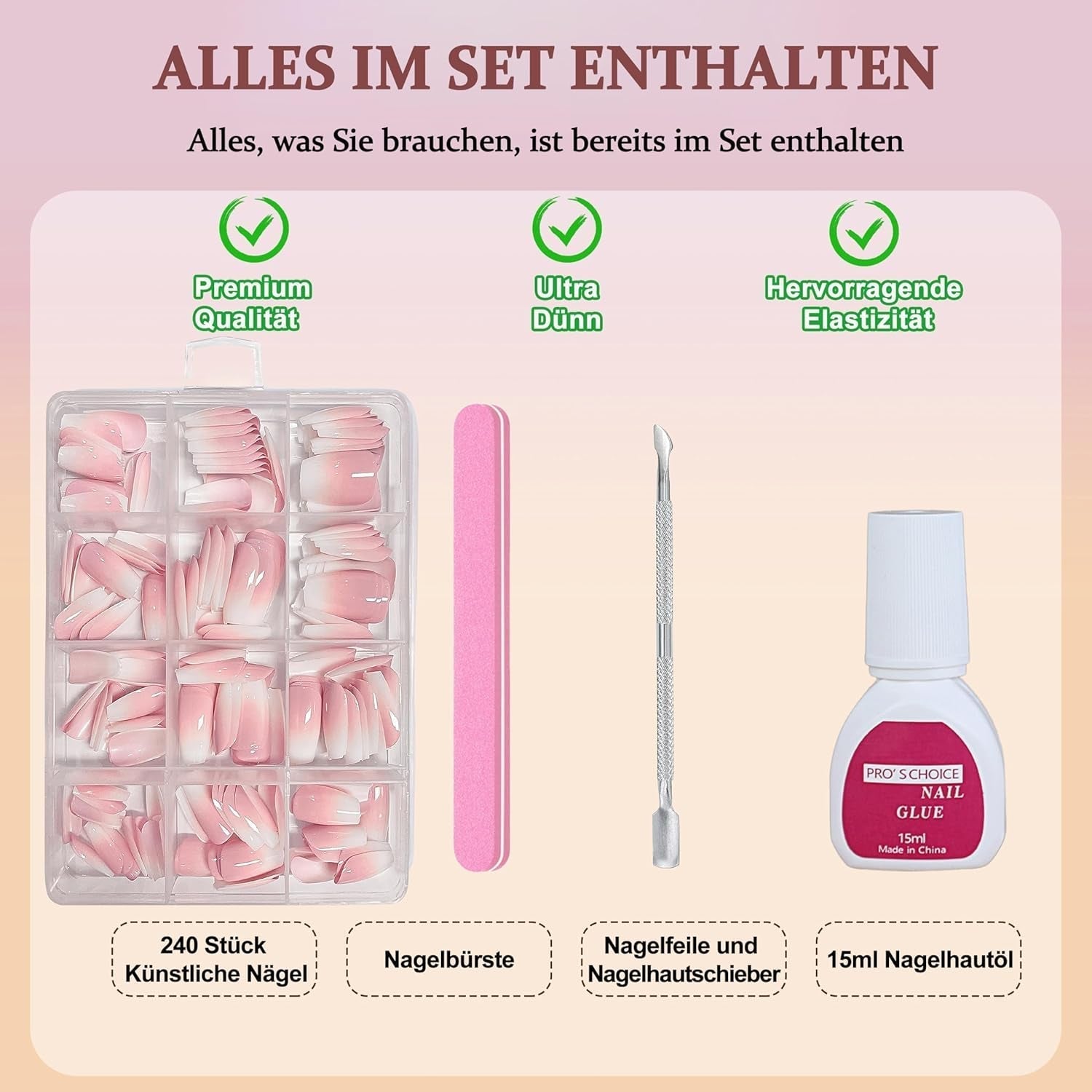 Ballerina-Kunstnägel-Set – 240-teiliges zartes Flieder-Rosa-Kunstnägel-Set, vollflächiger Kleber auf Kunstnägeln, Set mit künstlichen Nagelspitzen für Maniküre und Nagelkunst für Frauen und Mädchen (Lavendelrosa)