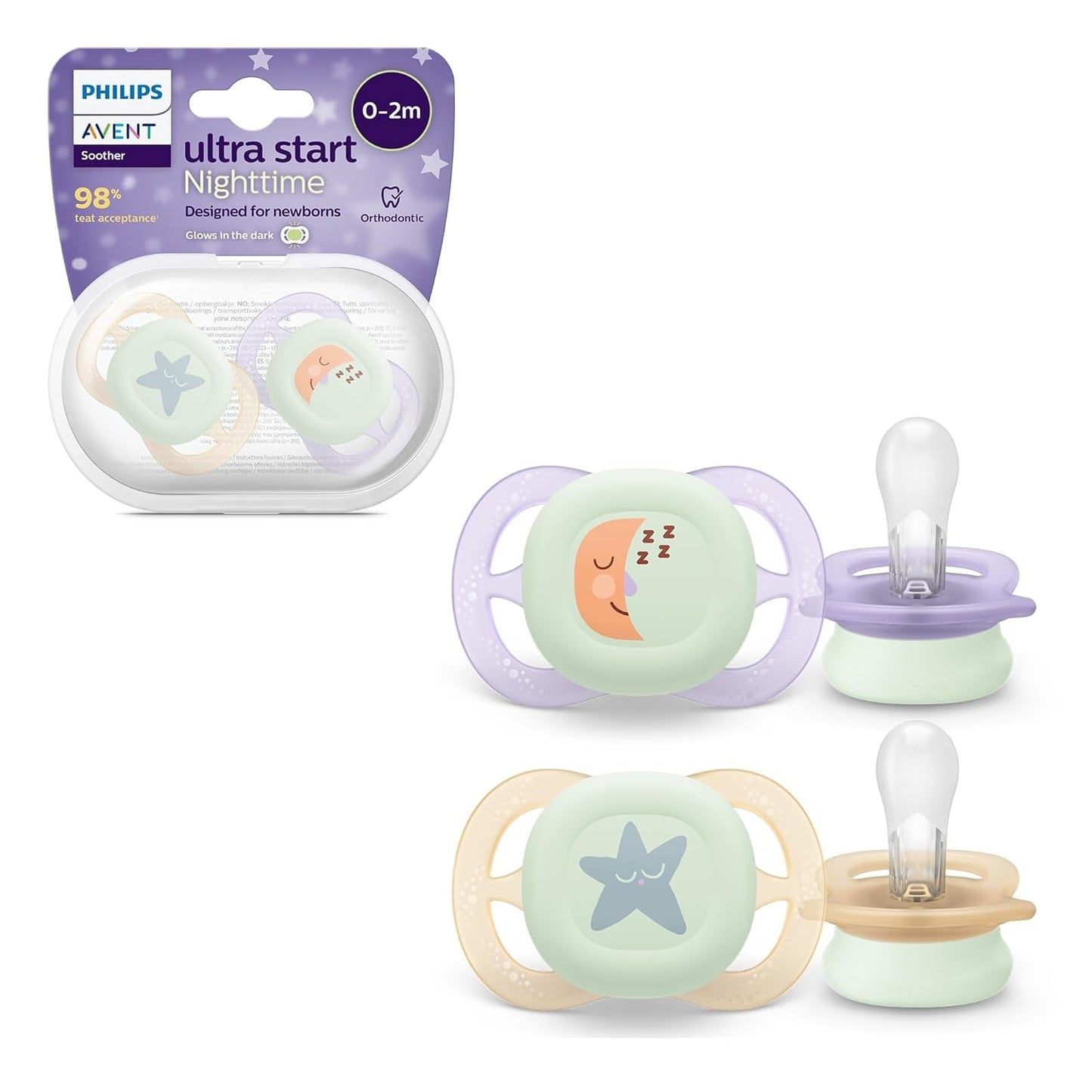 Philips AVENT Ultra Start Nachtschnuller, kieferorthopädischer Schnuller für Neugeborene, leuchtet im Dunkeln, BPA-frei, mit Sterilisationsbehälter, Doppelpack, Mond, Stern, SCF075/07