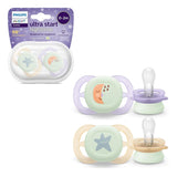 Philips AVENT Ultra Start Nachtschnuller, kieferorthopädischer Schnuller für Neugeborene, leuchtet im Dunkeln, BPA-frei, mit Sterilisationsbehälter, Doppelpack, Mond, Stern, SCF075/07