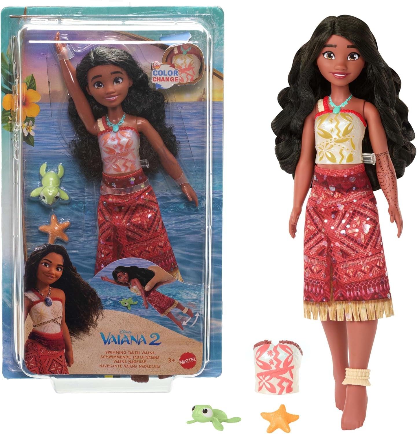 Mattel Toys Disney Moana 2 Tautai Moana schwimmende Modepuppe mit 2 Zubehörteilen, farbwechselndem Oberteil und Beinen für Schwimmbewegungen, vom Film inspiriert JFF09