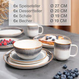 Moritz & Moritz TARENTO 24-teiliges Tafelservice für 6 Personen, Grau – Elegantes Tellerset aus hochwertigem Steingut – Das Tafelservice besteht aus 6 Speisetellern, 6 Desserttellern, 6 Speisetellern und 6 Tassen