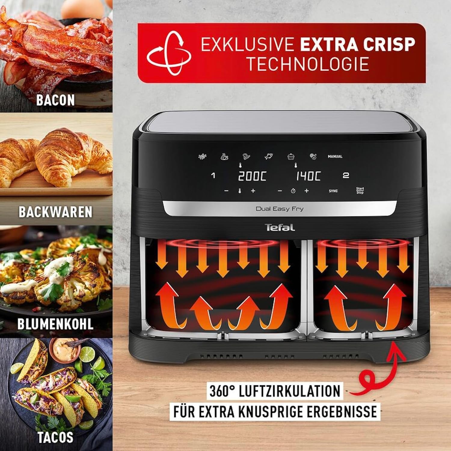 Tefal Dual Easy Fry Heißluftfritteuse mit zwei Kammern, 5,2/3,1 Liter Fassungsvermögen, zwei unabhängigen Schubladen, 7 Programmen Haushaltsgeräte Naty Shop