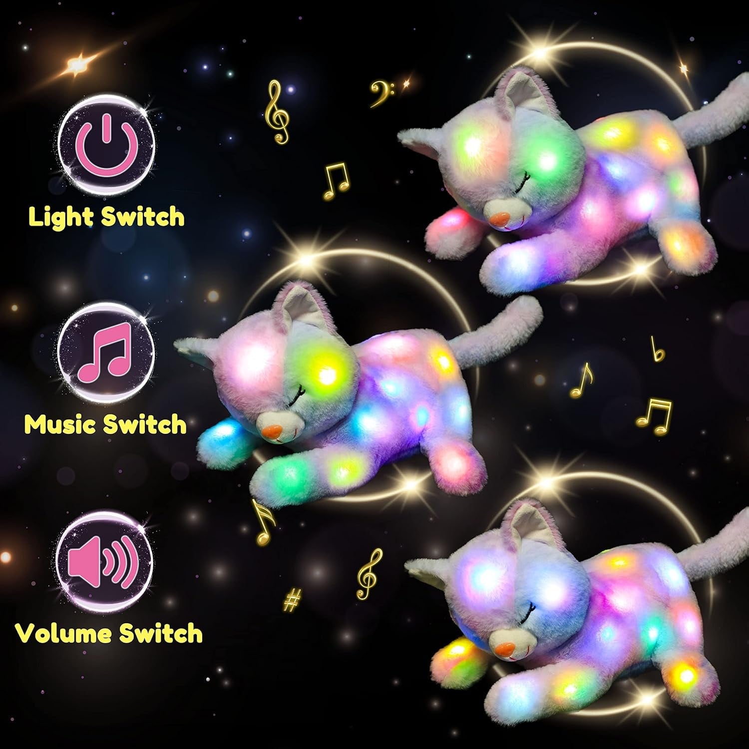 LED-Musik-Plüschkatze, leichtes singendes Spielzeug, Katzenmutter mit 3 Kätzchen im Bauch, animiertes Schlaflied, beruhigendes Spielzeug für Mütter, Kinder, kleine Mädchen, Regenbogen, 45 cm
