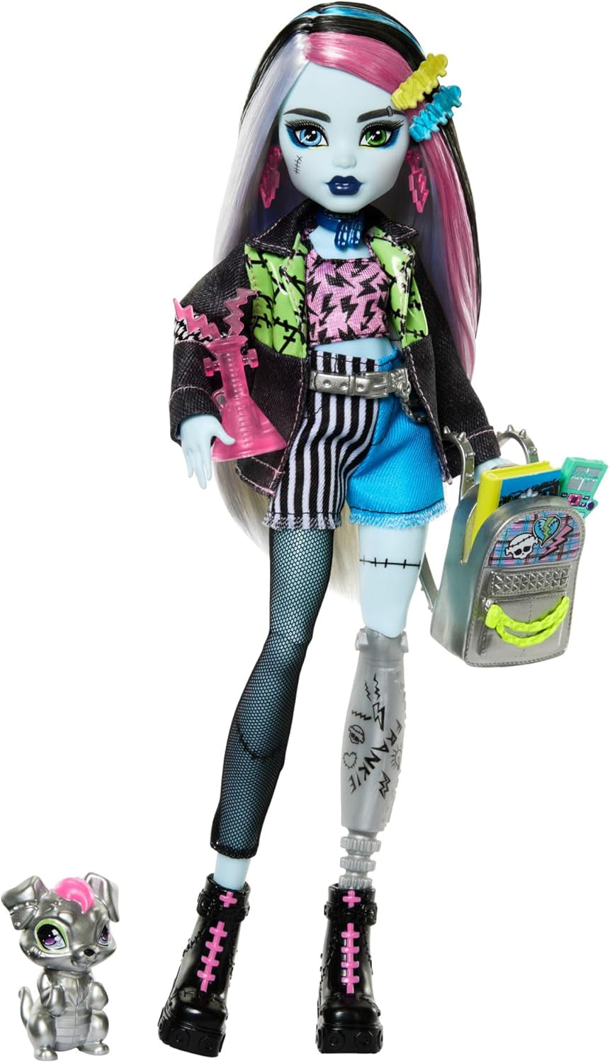Monster High Frankie Stone Puppe in Jeansjacke und Shorts, inklusive Watzie Dog und Zubehör wie Rucksack, Snack und Notizbuch, HXH73 Naty Shop Dolls Watzie Dog