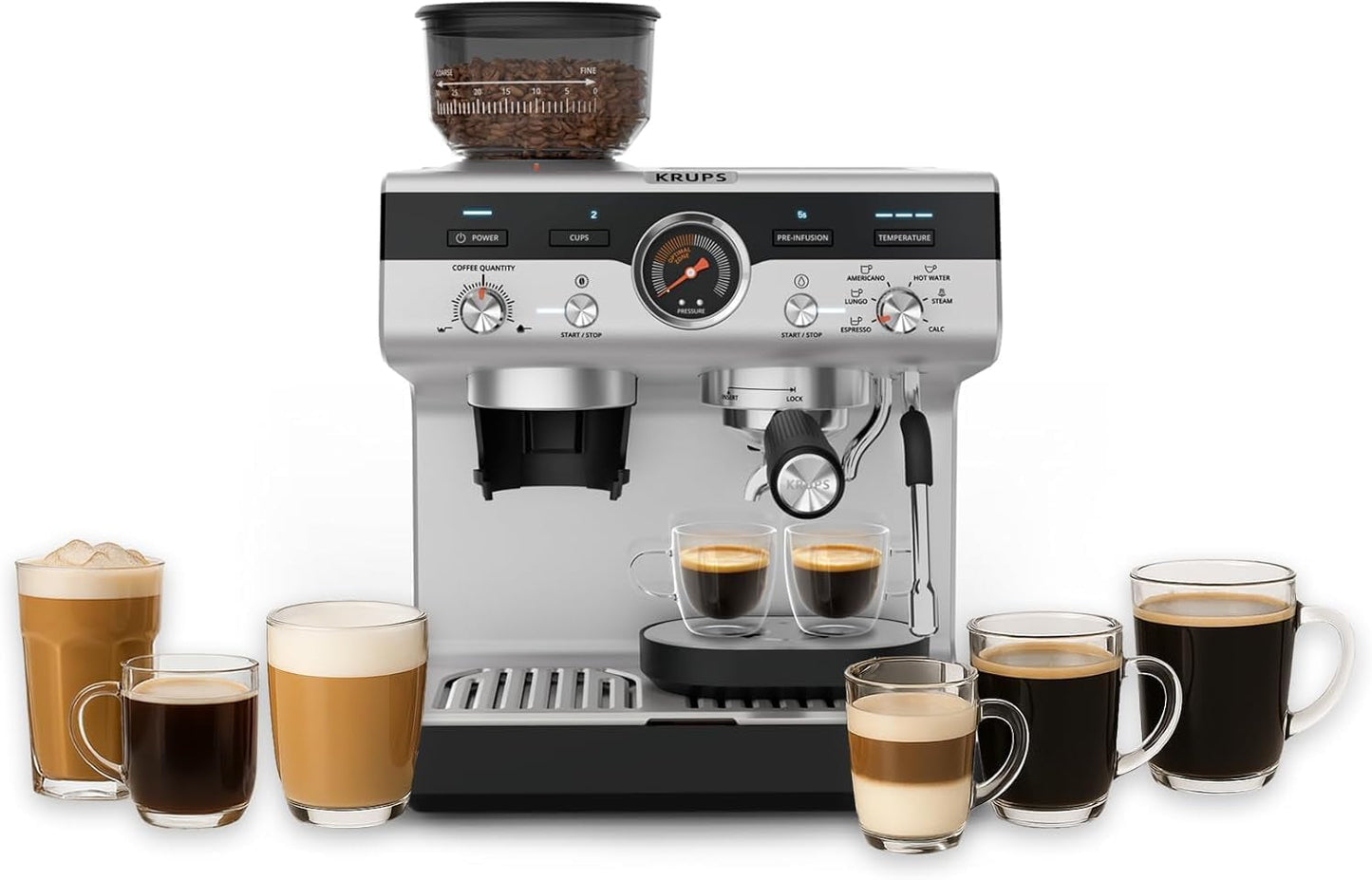 Krups Precision manuelle Espressomaschine mit Siebträger und Mahlwerk, Barista-Kaffeemaschine mit intuitivem Bedienfeld, Vorbrüheinstellungen, Espressomaschine mit Dampfdüse, schnelles Aufheizen, XP801T10