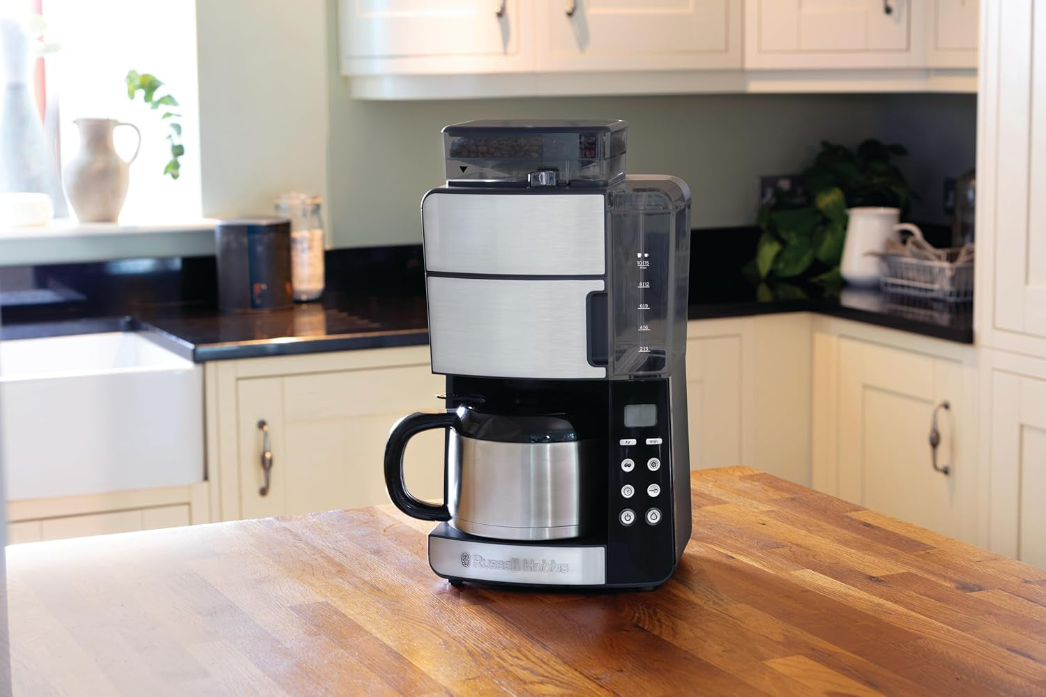Russell Hobbs Kaffeemaschine mit Mahlwerk und Thermokaraffe [Digitaler Timer, Duschkopf für optimale Extraktion und Aroma] Grind&Brew (1–10 Tassen, 3 Mahlgradeinstellungen) Filterkaffeemaschine 25620-56