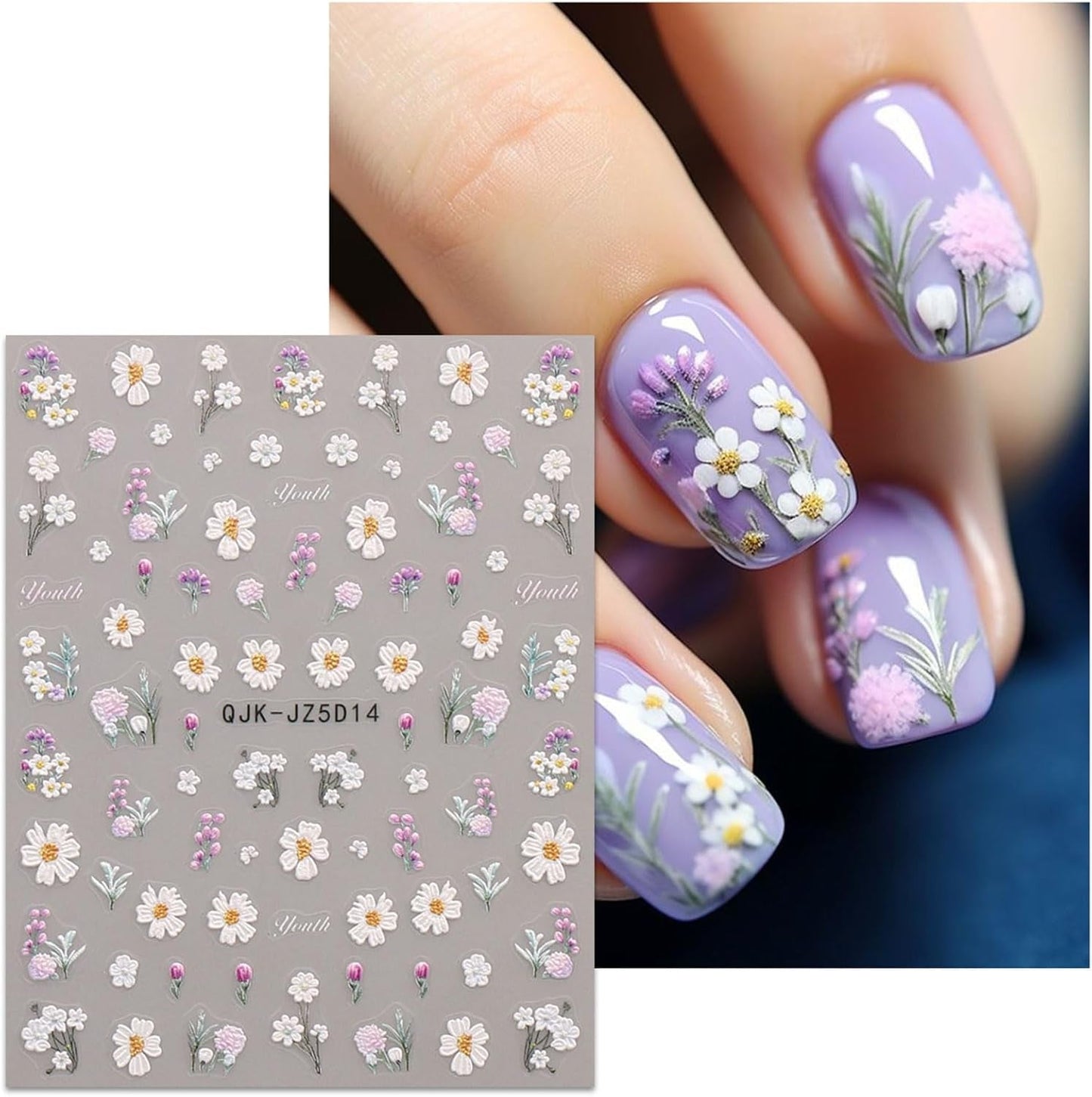 JMEOWIO 3D Nagelsticker Blumen Nail Art Sticker Selbstklebend Nagelaufkleber 5D Stereoskopisch Sommer Frühling Dekoration Nageldesign Zubehör 4 Blatt