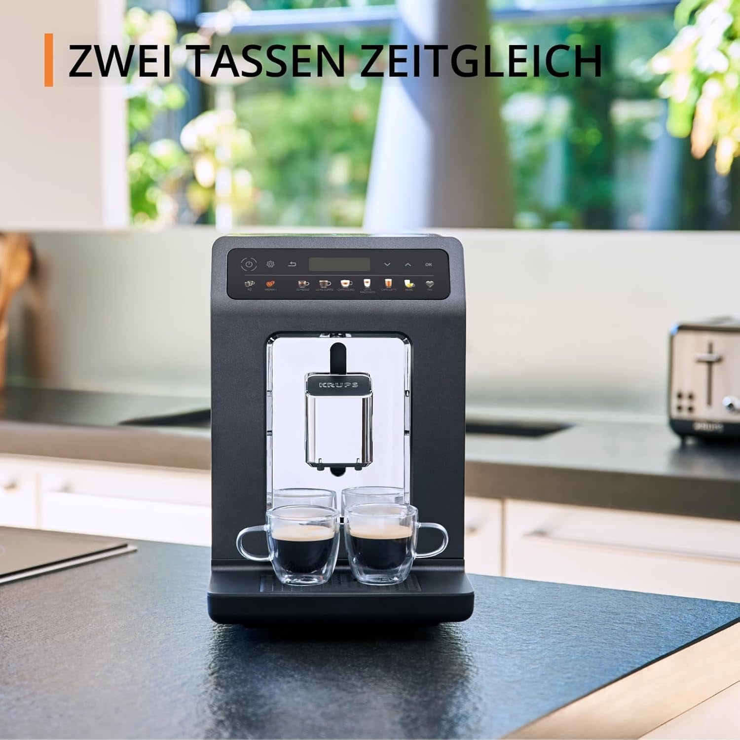 KRUPS Evidence One automatische Espressomaschine mit Milchschlauch, One-Touch-Cappuccino, 12 Spezialgetränke, 2-Tassen-Funktion, Farbdisplay, Espressomaschine, TÜV-Zertifikat, Schwarz, EA895N10
