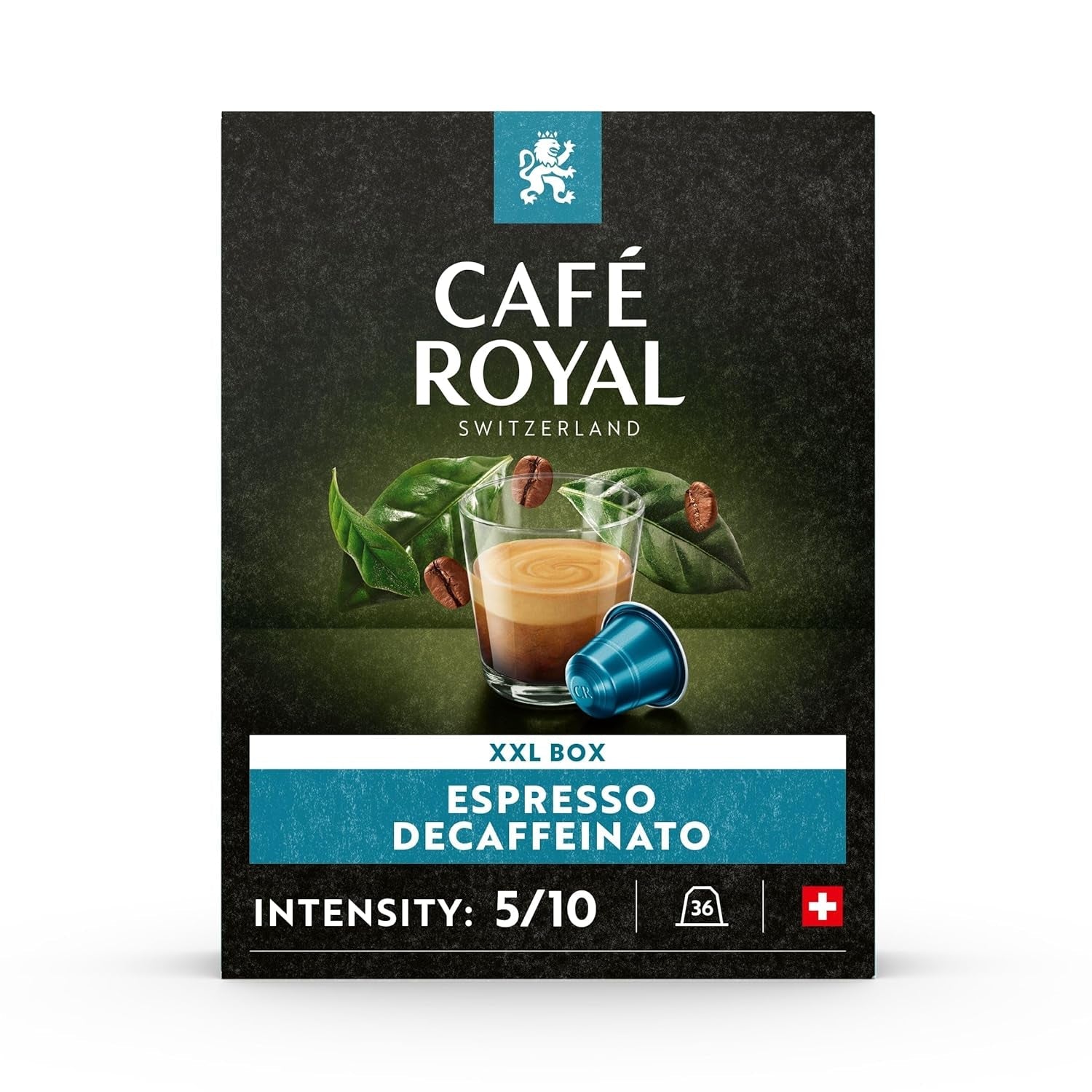 Café Royal Espresso Decaffeinato 36 Kapseln für Nespresso Kaffeemaschine – 5/10 Intensität – UTZ-zertifiziert Kaffeekapseln aus Aluminium (Packung mit 2)