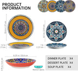 HENXFEN LEAD Porzellan-Geschirr-Set, 12-teiliges Geschirr-Set für 4, buntes Geschirr-Set für 4 – handbemalte Teller, Dessertteller, Suppenteller – Bohemian-Stil