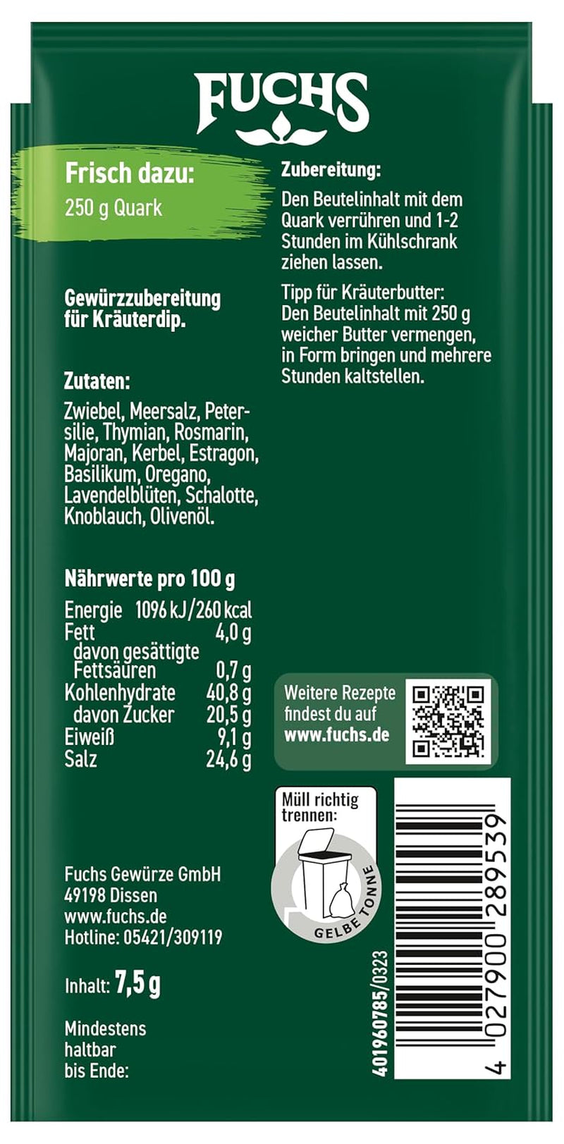 Fuchs Gewürze – Lasst uns eintauchen! Kräuter der Provence Gewürzzubereitung, Gewürz für Kräuterquarkdip, 7,5 g im Beutel