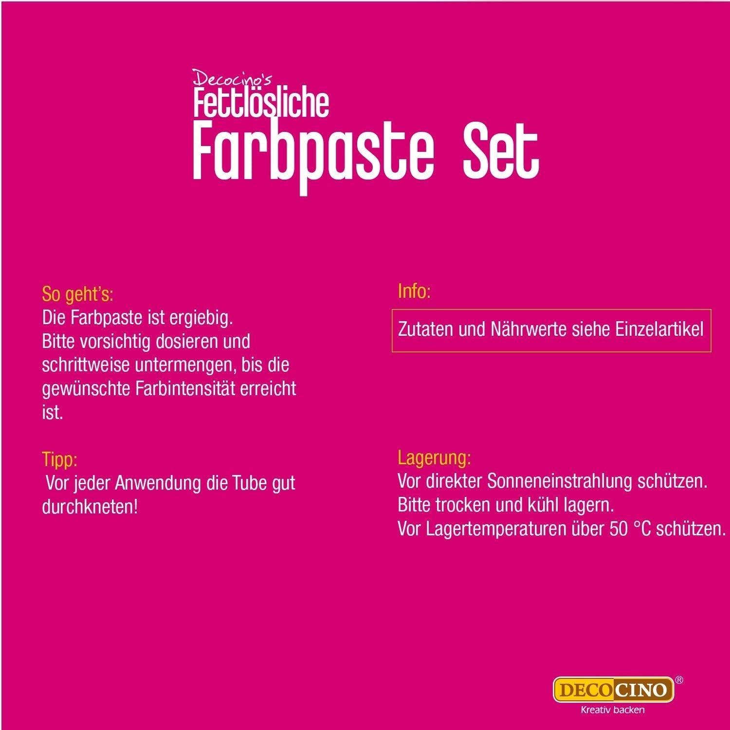 Decocino Fettlösliche Farbpaste 6er-Set – 6 x 15 g – Lebensmittelfarbe in Rot, Weiß, Grün, Gelb, Blau und Schwarz, ideal zum Einfärben von Kuchen, Fondant und Cremes – Azo- und glutenfrei