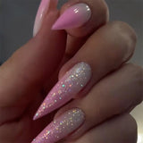 Moonglow Lange Nägel Stiletto Milchweiß Rosa Farbverlauf Glitzer Coole künstliche Nägel mit Kleber Rosa Ombre Glitzer Künstliche Nägel
