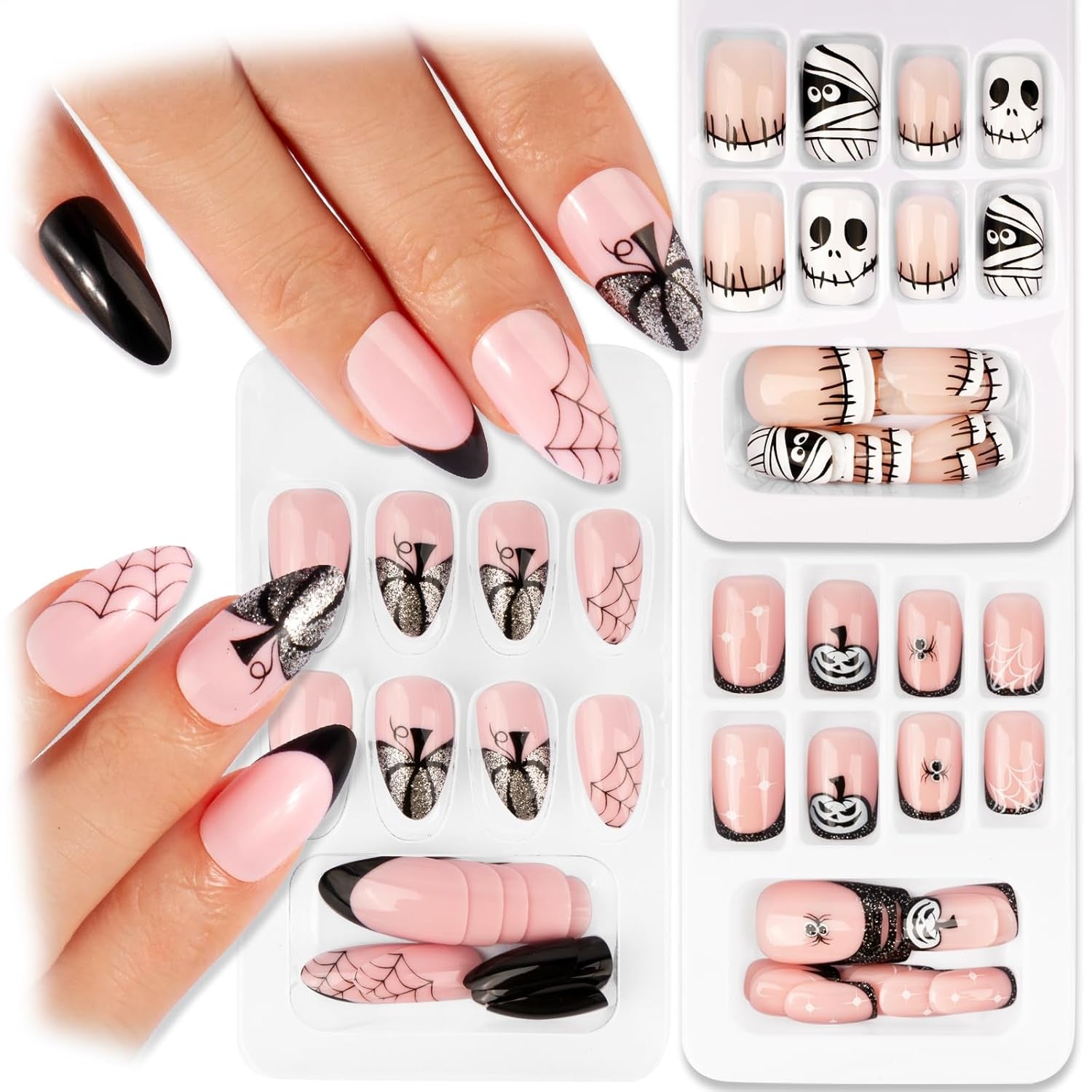72 Stück Halloween-Nägel, selbstklebende künstliche Nägel, kurze künstliche Nägel, selbstklebende gepresste Nägel, Kürbisgeist, künstliche Nägel, Tipps, Nagelkunst, Orange, Grün, Schwarz