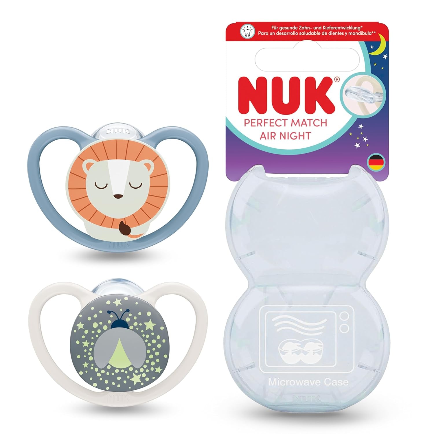 NUK Perfect Match Air Night Schnuller für Babys | 0-6 Monate | Im Dunkeln leuchtende Schnuller, die die Luftzirkulation fördern und das Sabbern verhindern | 95 % Akzeptanz bei Babys** | Löwe | 2 Stück