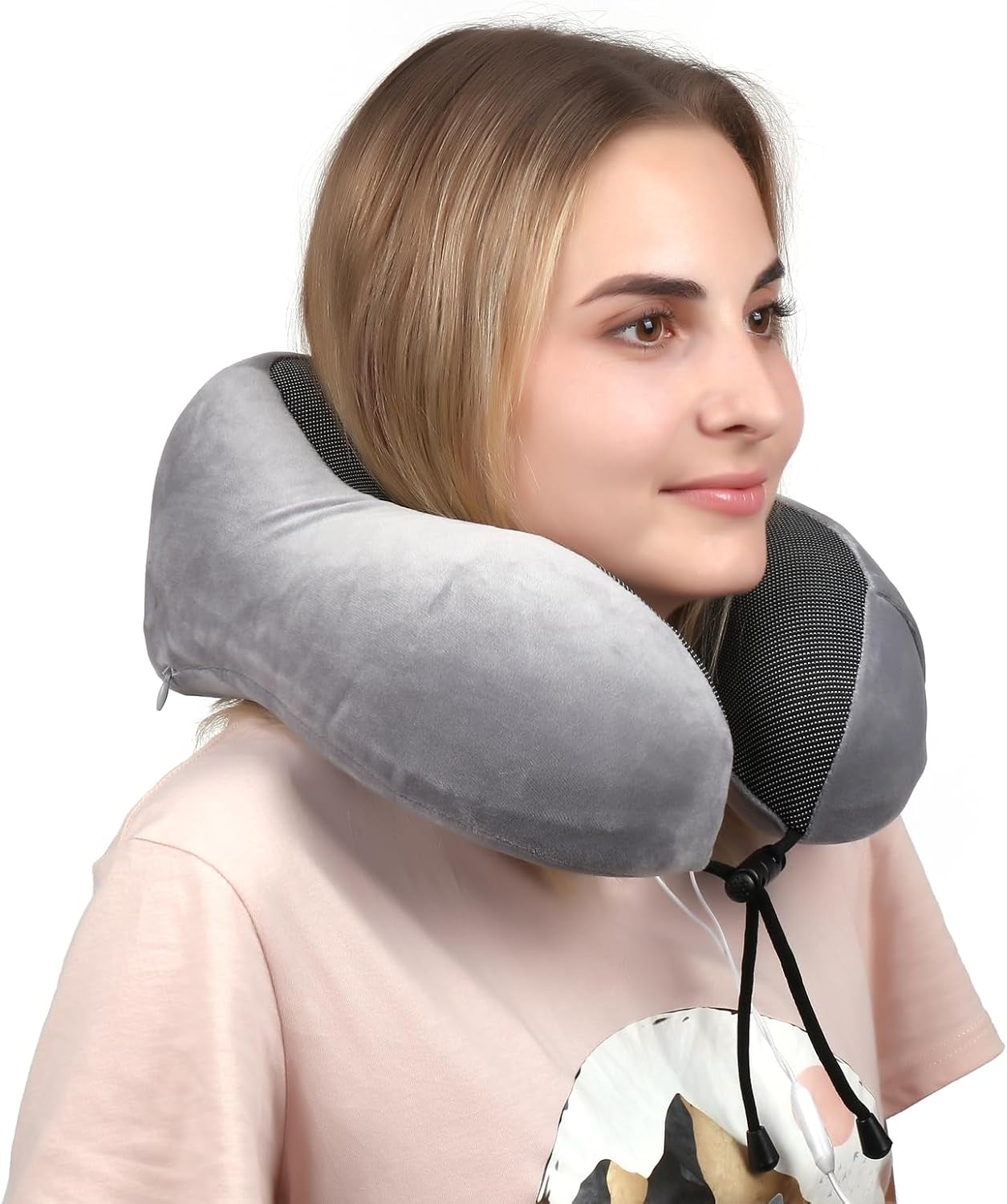 WELLGRO Nackenkissen-Set mit 3D-Schlafmaske und Ohrstöpseln – abnehmbarer Bezug – Memory-Schaum – Reißverschluss – inklusive Aufbewahrungstasche – Reisekissen – Farbe wählbar, Farbe: Grau. Orthopädische Halskissen von Naty Shop