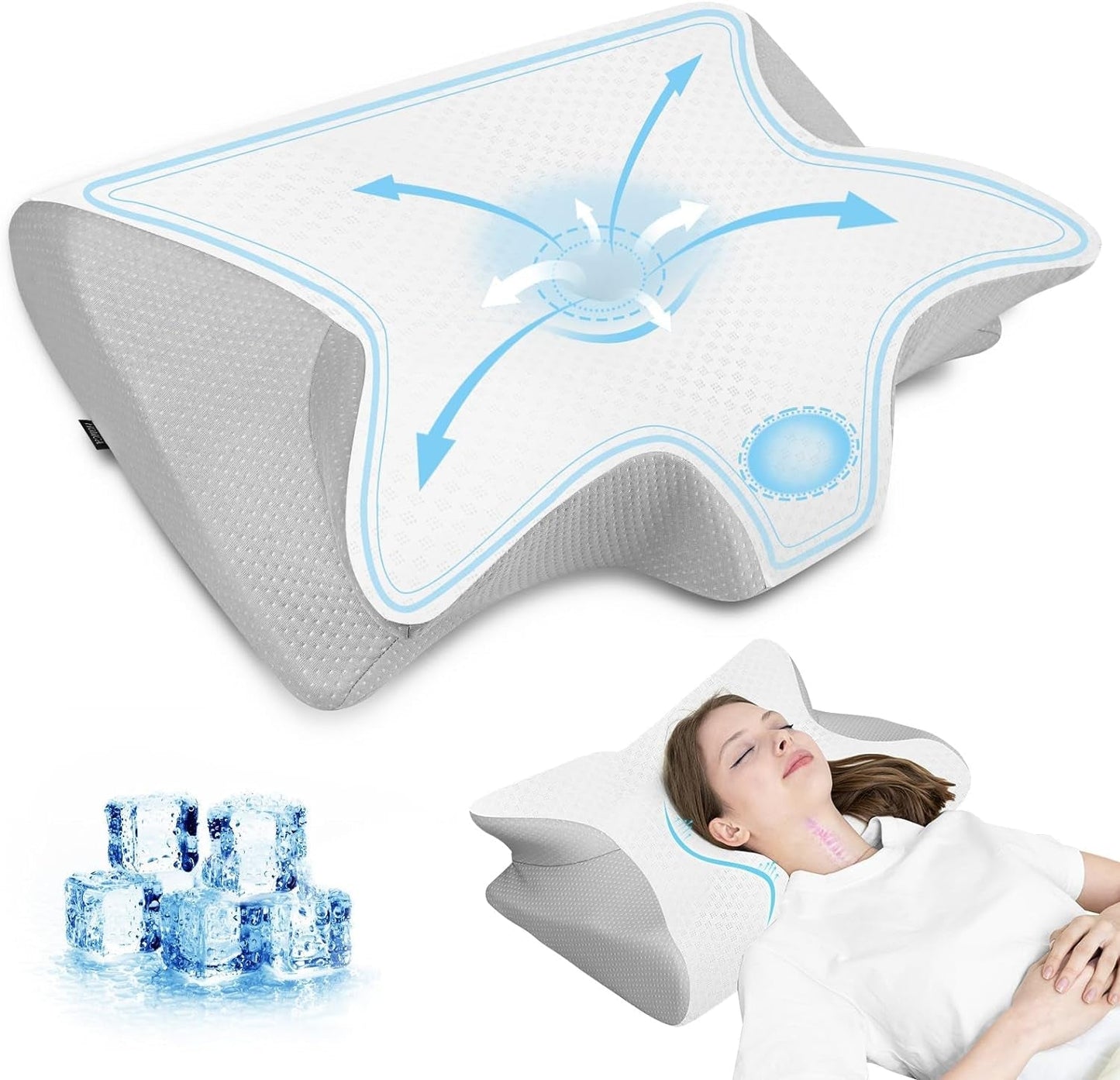 HOMCA Nackenkissen, orthopädisches Kissen aus Memory-Schaum, 2-in-1-Nackenstützkissen mit 3D-Kühlbezug, ergonomisches Schlafkissen für Rücken-, Seiten- und Bauchschläfer, Grau, 60 x 13/11 x 40 cm, orthopädische Nackenkissen Naty Shop Grau