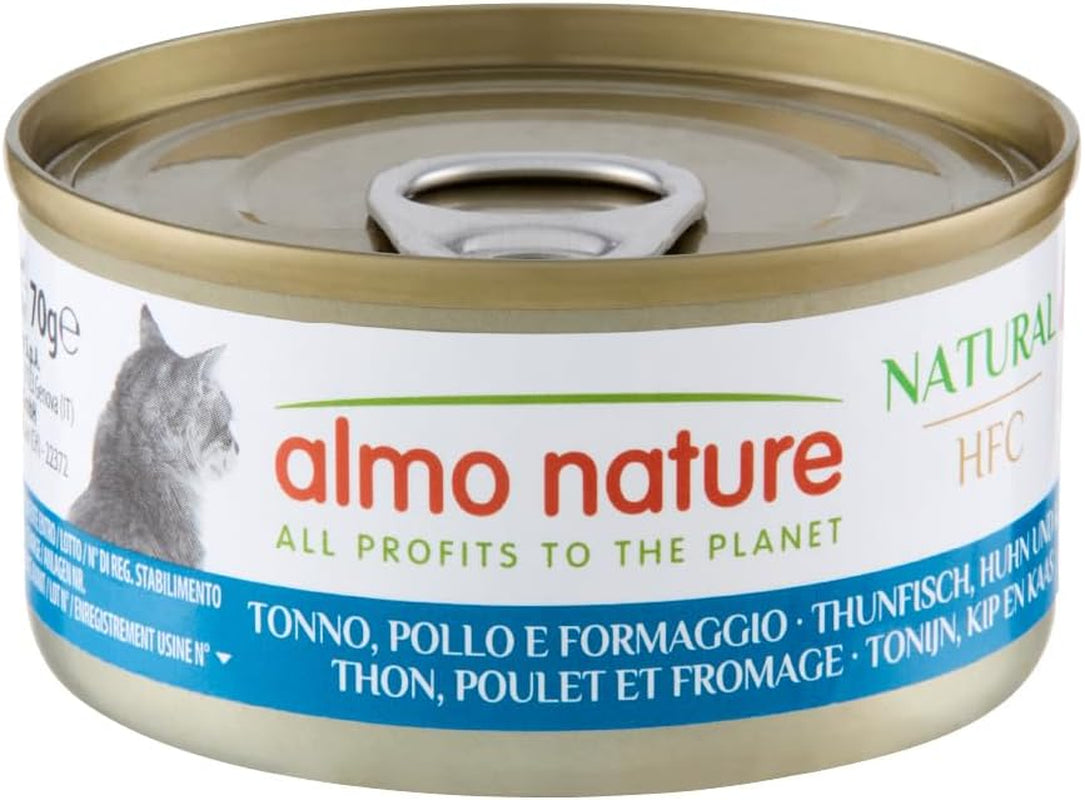 Almo Nature HFC Natural – Nassfutter für erwachsene Katzen – Thunfisch, Huhn und Käse – menschliche Qualität, glutenfrei – 6 x 70 g