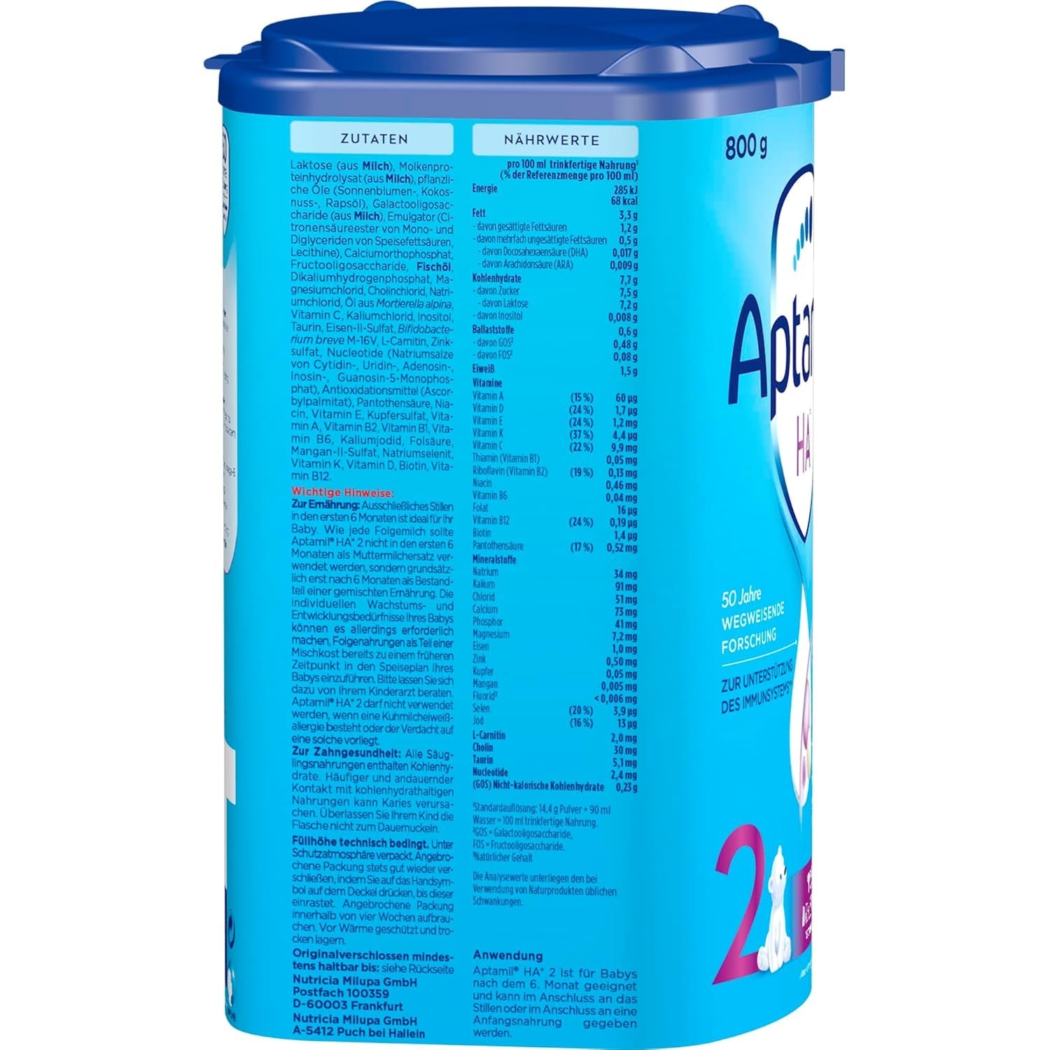Aptamil HA 2 – Folgenahrung nach 6 Monaten, mit Omega 3 und 6, DHA, ARA und ALA, Laktosefrei, Palmölfrei, Babynahrung, Milchpulver, 1 x 800g (4er Pack)