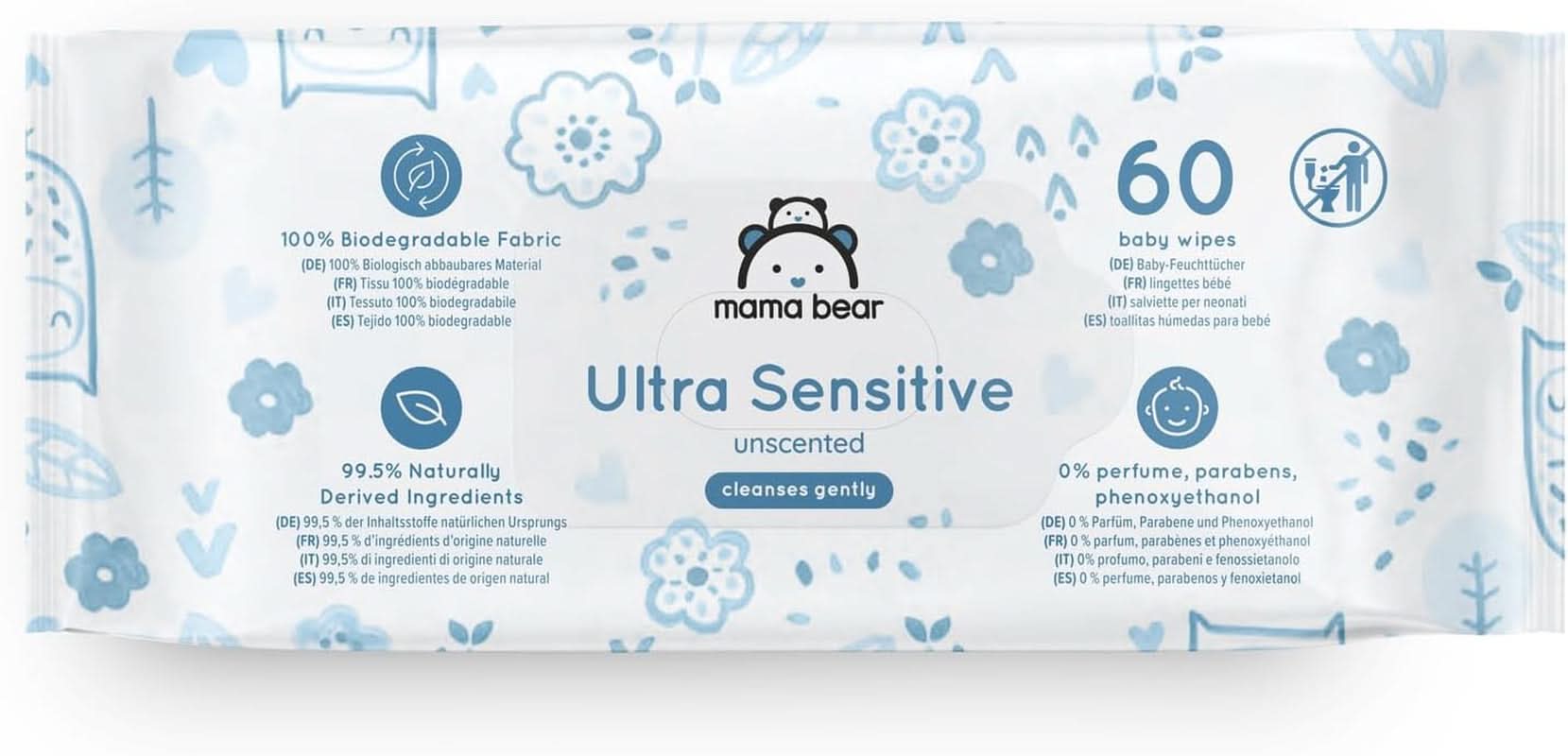 Mama Bear Ultra Sensitive Babyfeuchttücher, parfümfrei, 1008 Stück (18 Packungen à 60 Stück), Naty Shop