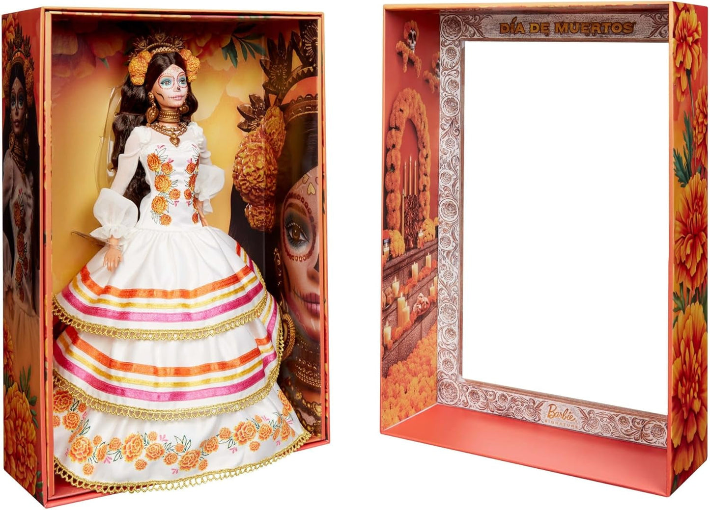 Barbie Signature Day of the Dead 2025-Puppen-Sammelfigur in cremefarbenem Kleid mit Rüschen, Ringelblumen und Schleifen, Blumenkrone im Haar und Calavera-Gesichtsbemalung, JBJ05