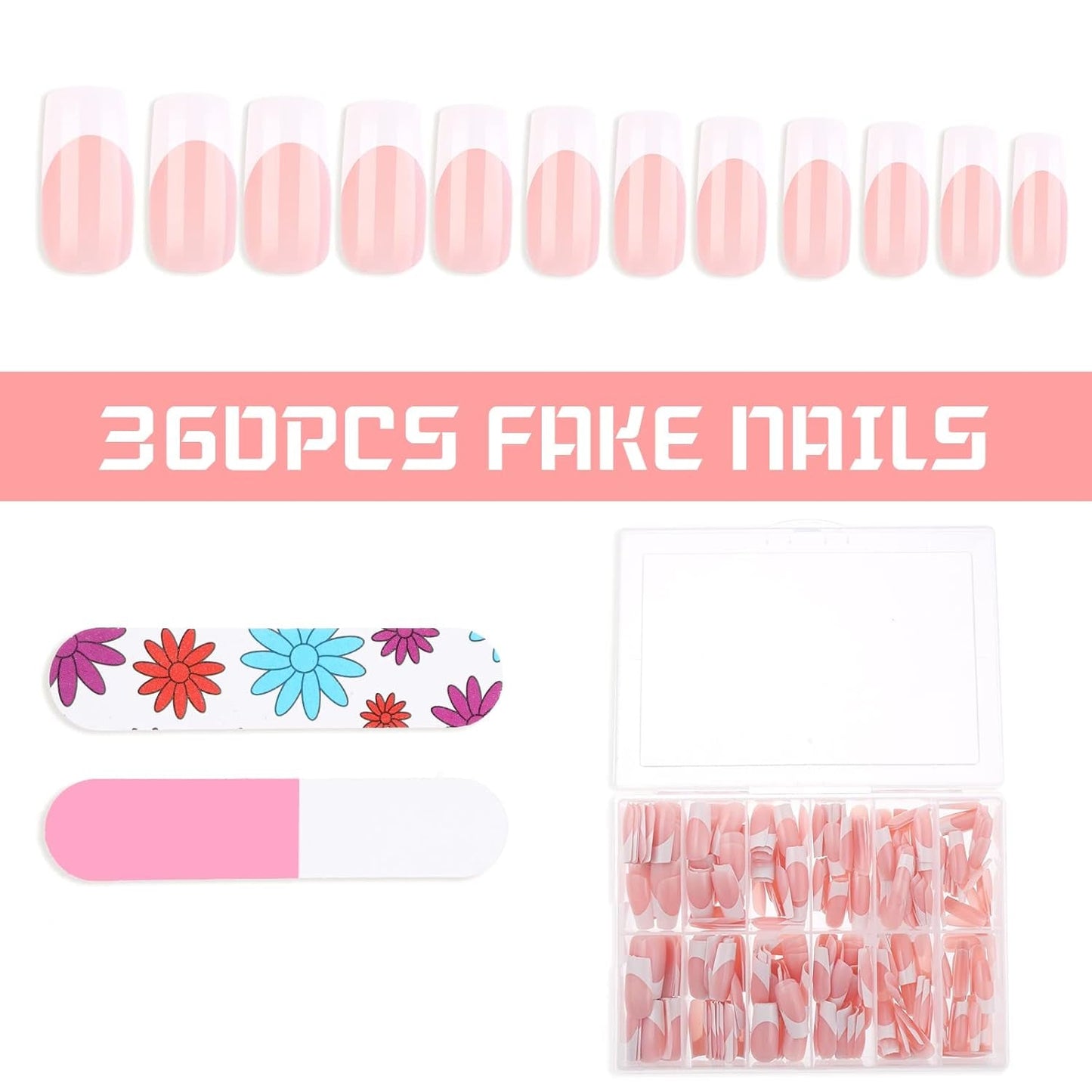 360 Stück selbstklebende Nagelspitzen für künstliche Nägel mit Aufbewahrungsbox und Nagelfeile (rechteckig)