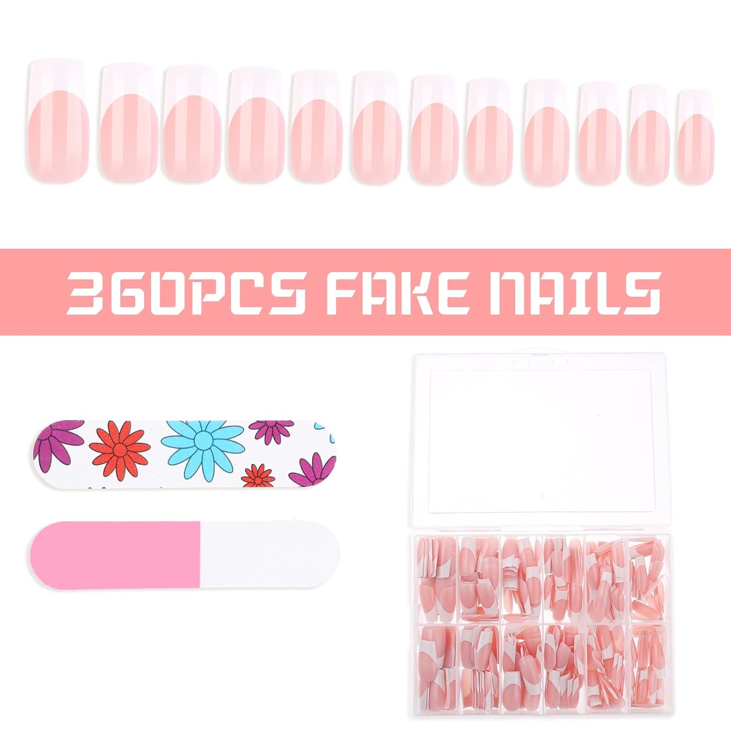 360 Stück selbstklebende Nagelspitzen für künstliche Nägel mit Aufbewahrungsbox und Nagelfeile (rechteckig)