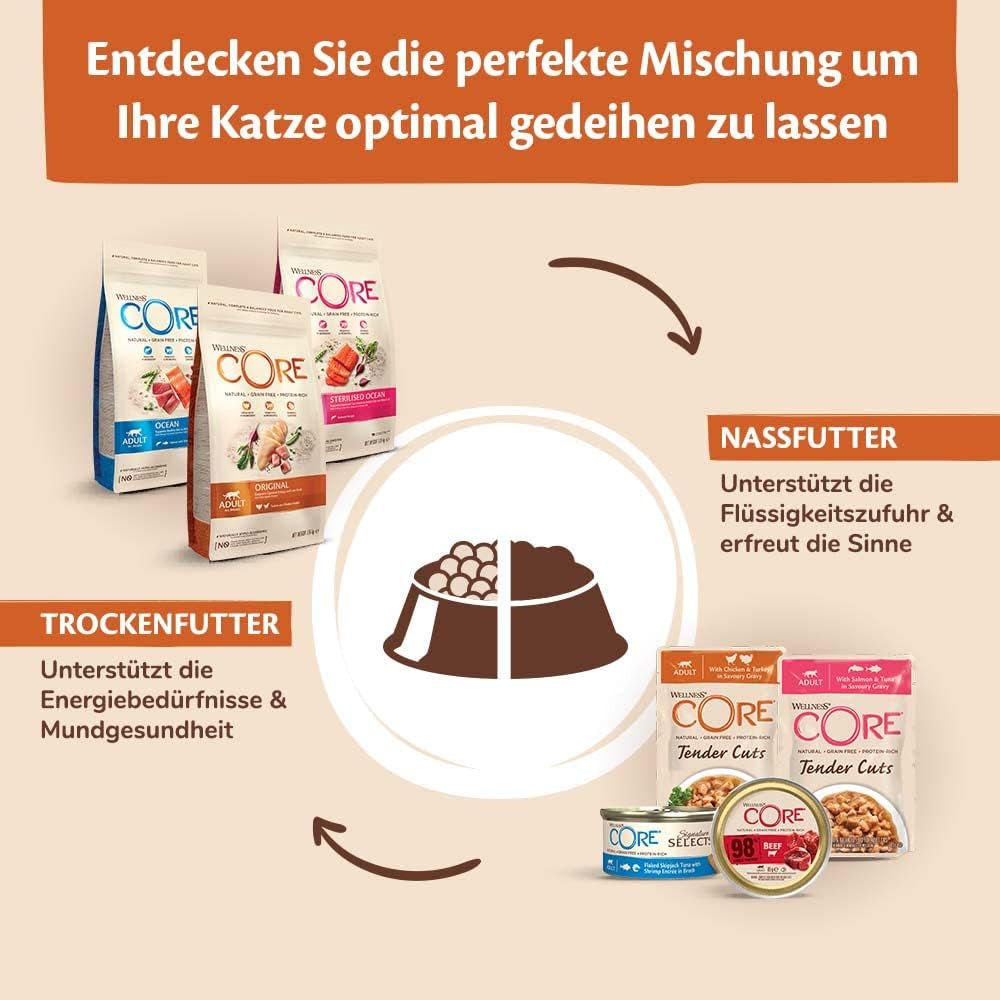 Wellness CORE 98 % 12 x 85 g, Huhn und Lachs – Nassfutter für Katzen, dicke Pastete, getreidefrei, natürlich, hypoallergen, proteinreich, reich an Fleisch