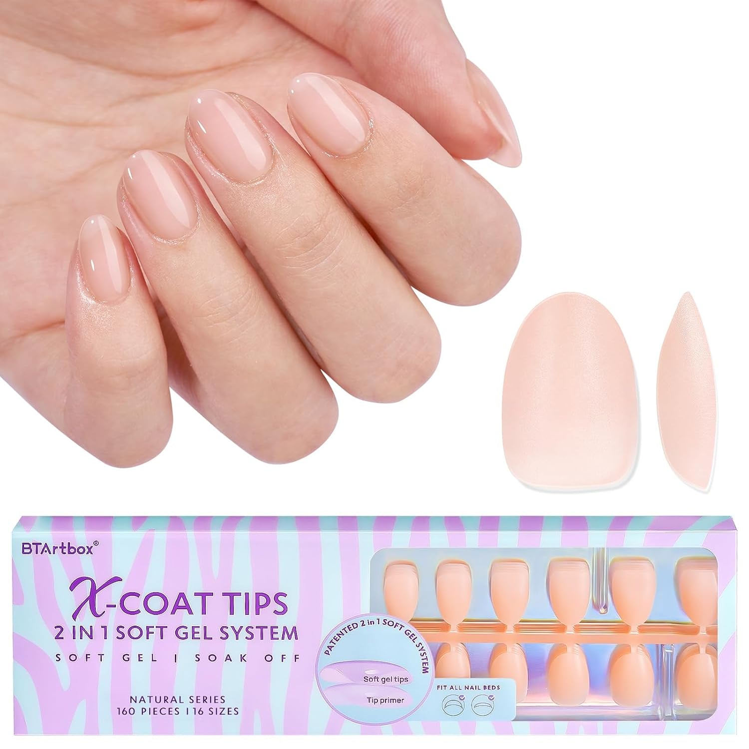 Btartbox Extra kurze weiche Gel-Nägel, vollständige Abdeckung, kurze Mandel-Nagelspitzen, 160 Stück, vorgefertigte XCOATTIPS künstliche Nägel, kurze Mandel-Nagelspitzen für Nagelverlängerungen