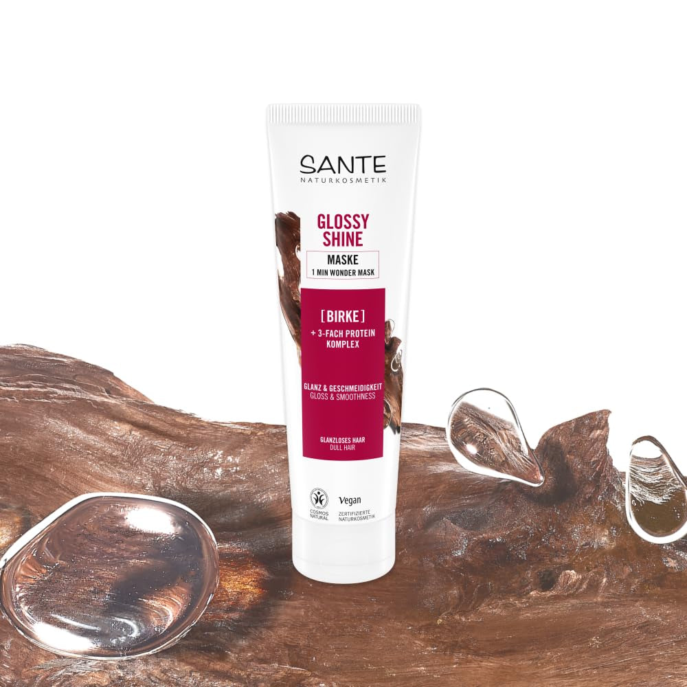 SANTE Naturkosmetik Glossy Shine Mask Bio-Birkenblattextrakt + 3x Proteinkomplex, silikonfreie und feuchtigkeitsspendende Haarmaske, vegane Haarpflege für mehr Glanz und Geschmeidigkeit, 150 ml Naty Shop Haarmaske