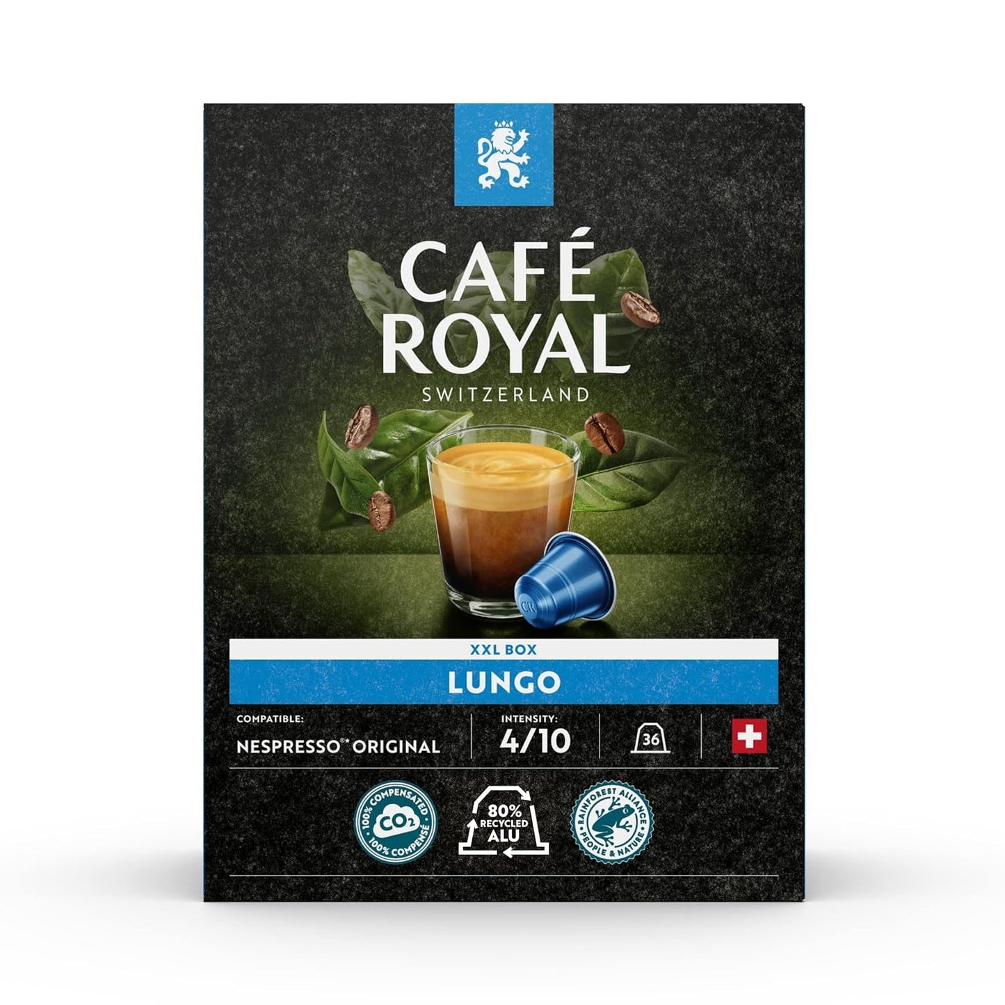 Café Royal Dark Chocolate Flavoured 100 Kapseln für Nespresso Kaffee Maschine – 4/10 Intensität – UTZ-zertifiziert, aus Aluminium & Lungo 36 Kapseln für Nespresso Kaffee Maschine – 4/10 Intensität