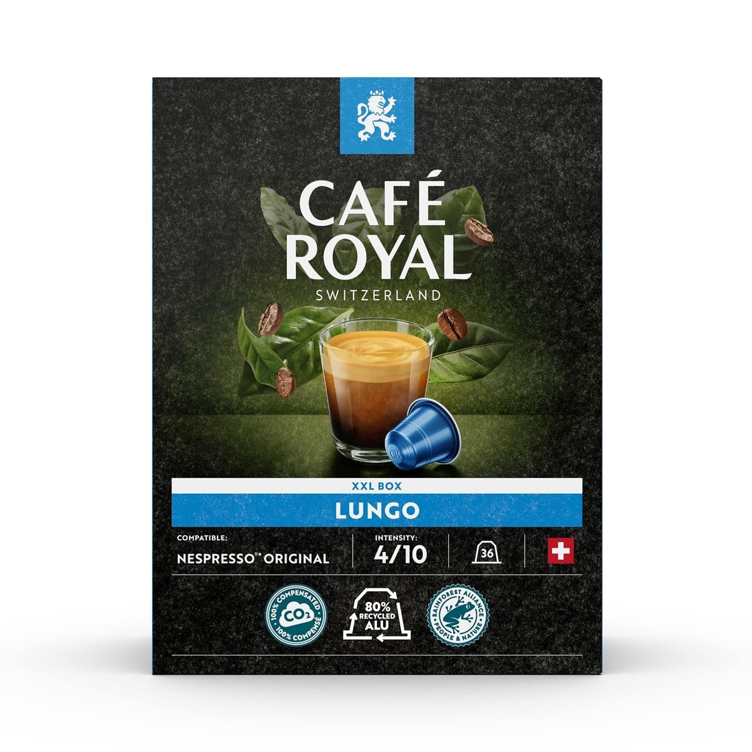Café Royal Dark Chocolate Flavoured 100 Kapseln für Nespresso Kaffee Maschine – 4/10 Intensität – UTZ-zertifiziert, aus Aluminium & Lungo 36 Kapseln für Nespresso Kaffee Maschine – 4/10 Intensität