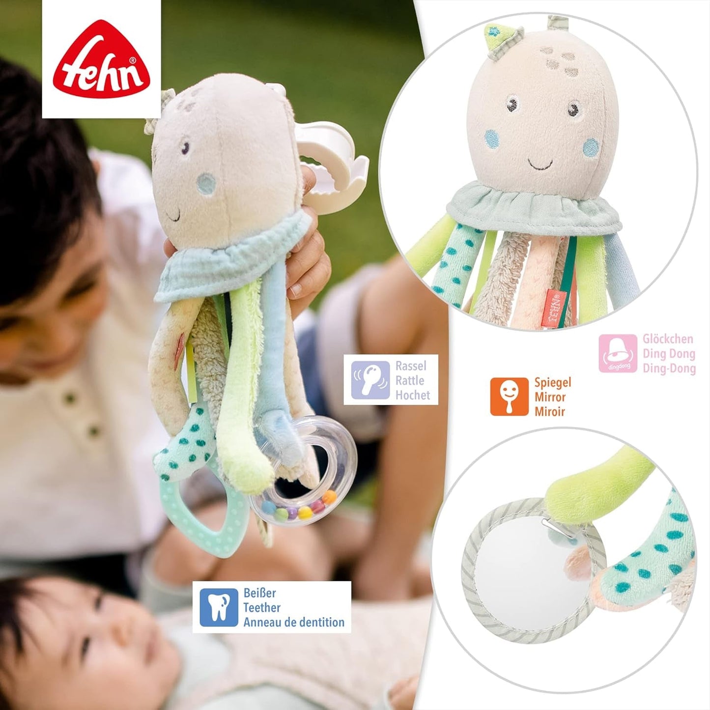 Fehn Aktivitätsspielzeug Oktopus – Baby-Motorikspielzeug für Kinderwagen und Starthilfe, Oball, Rasselspielzeug mit Greifbällen zum Spazierengehen, interaktives Babyspielzeug, Bebe Toys Naty Shop