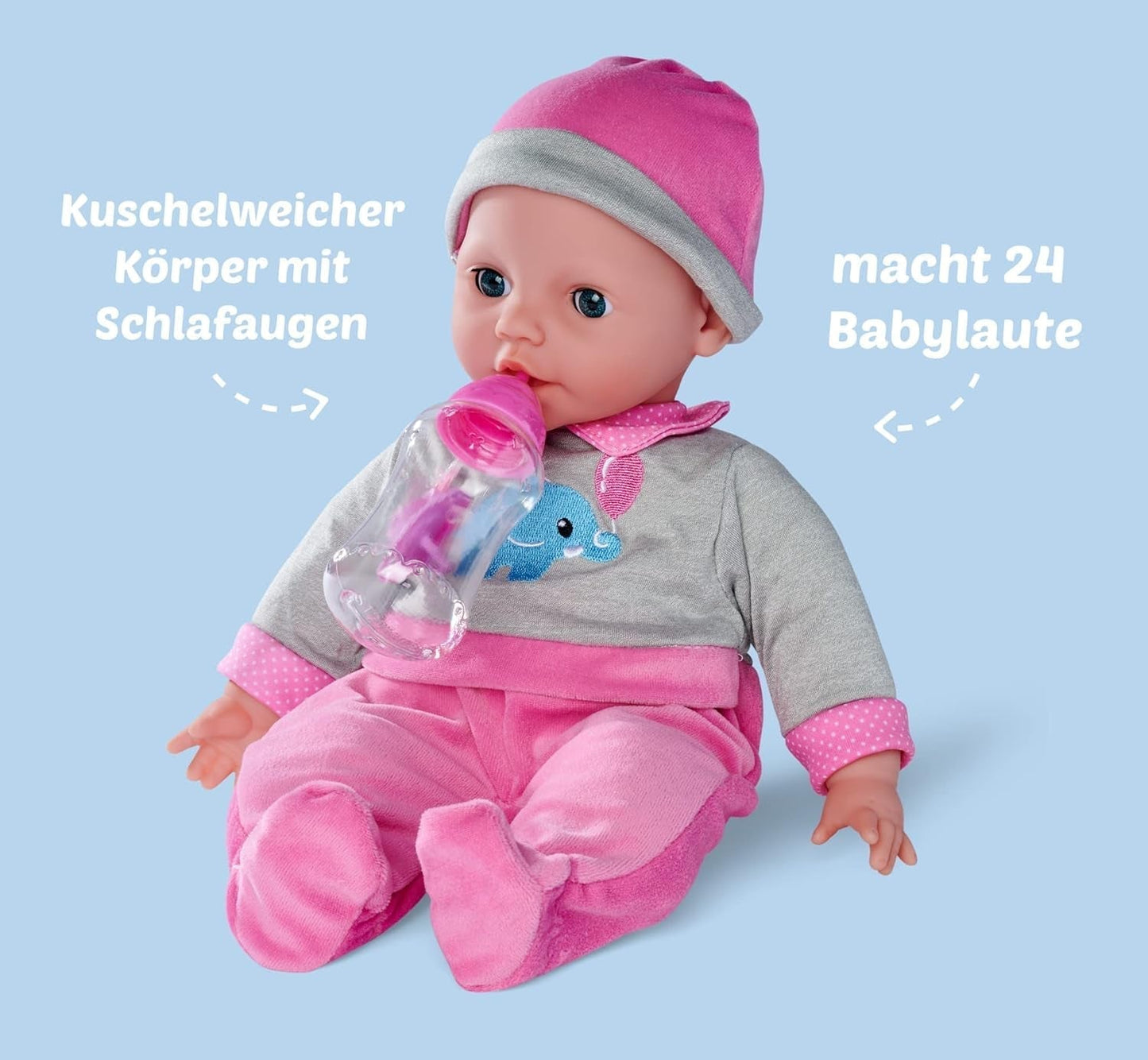 Simba 105140066 – Laura Interactive, Weichkörperpuppe mit schläfrigen Augen, plappert bei Bewegung, trinkt aus der Flasche und schläft, 40 cm, Puppe ab 2 Jahren Naty Shop Dolls