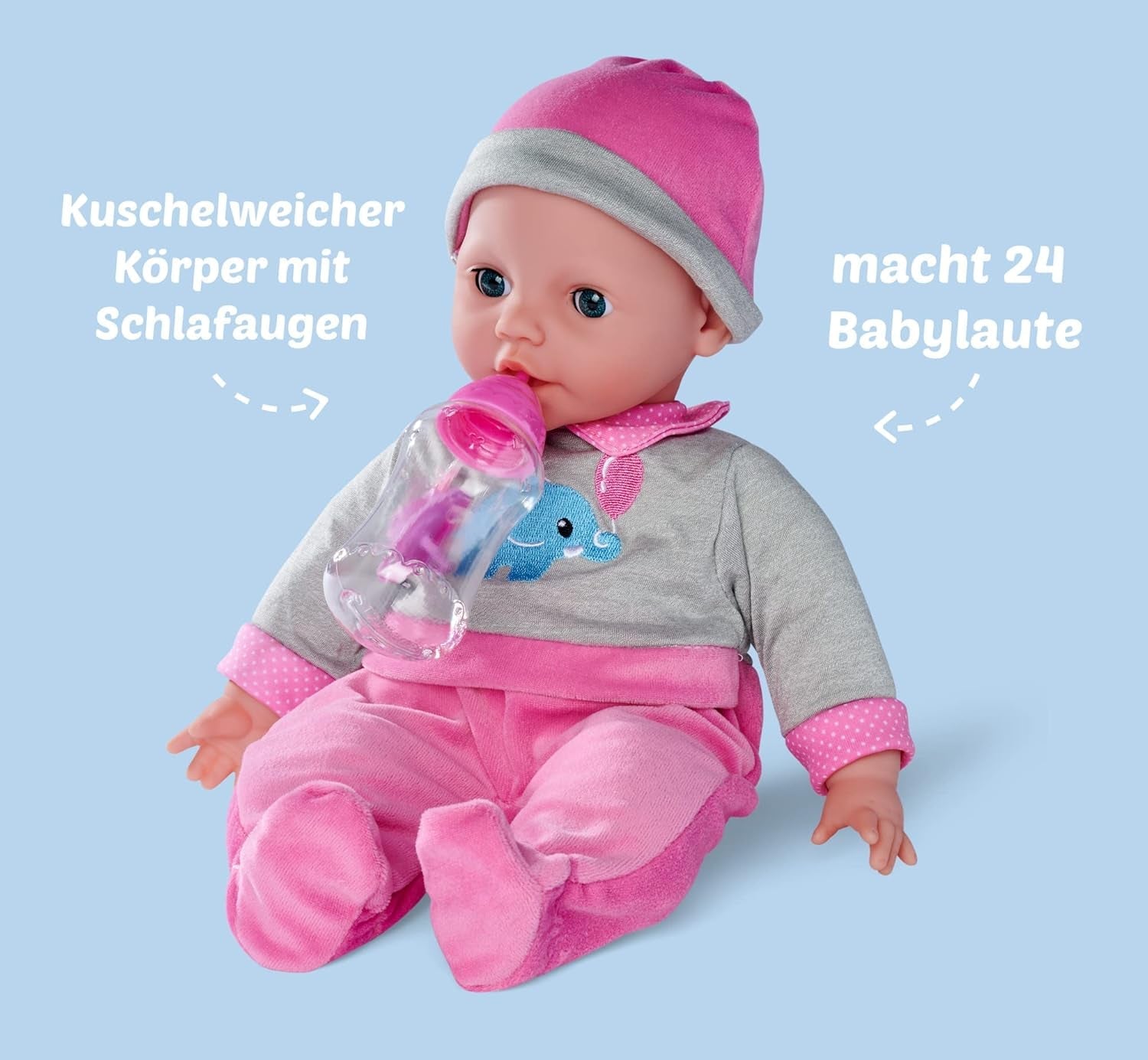 Simba 105140066 – Laura Interactive, Weichkörperpuppe mit Schlafaugen, plappert bei Bewegung, trinkt aus einer Flasche und schläft ein, 40 cm, Babypuppe für Kinder ab 2 Jahren