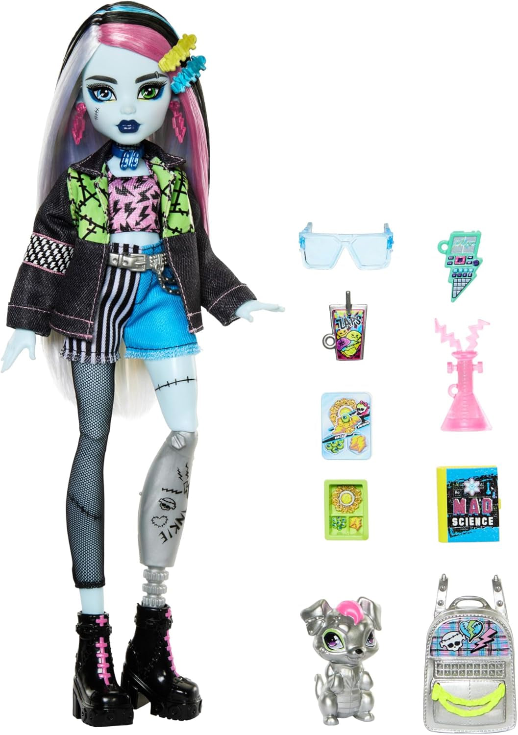Monster High Frankie Stone Puppe in Jeansjacke und Shorts, inklusive Hundewatzie und Zubehör wie Rucksack, Snack und Notizbuch, HXH73 Naty Shop Dolls