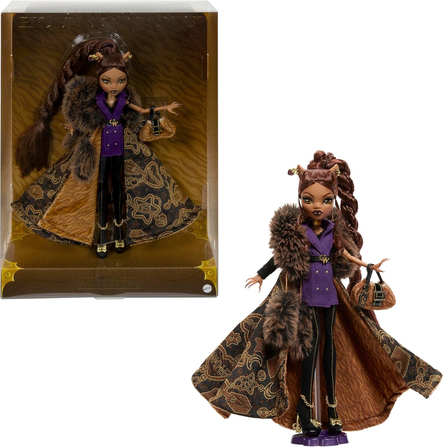 Monster High Doll House of Wolves Clawdeen Wolf Sammelfigur mit Kunstpelz-Jacquard-Mantel, lila Jacke, Kleid, goldenen Hosen und Accessoires JDR66